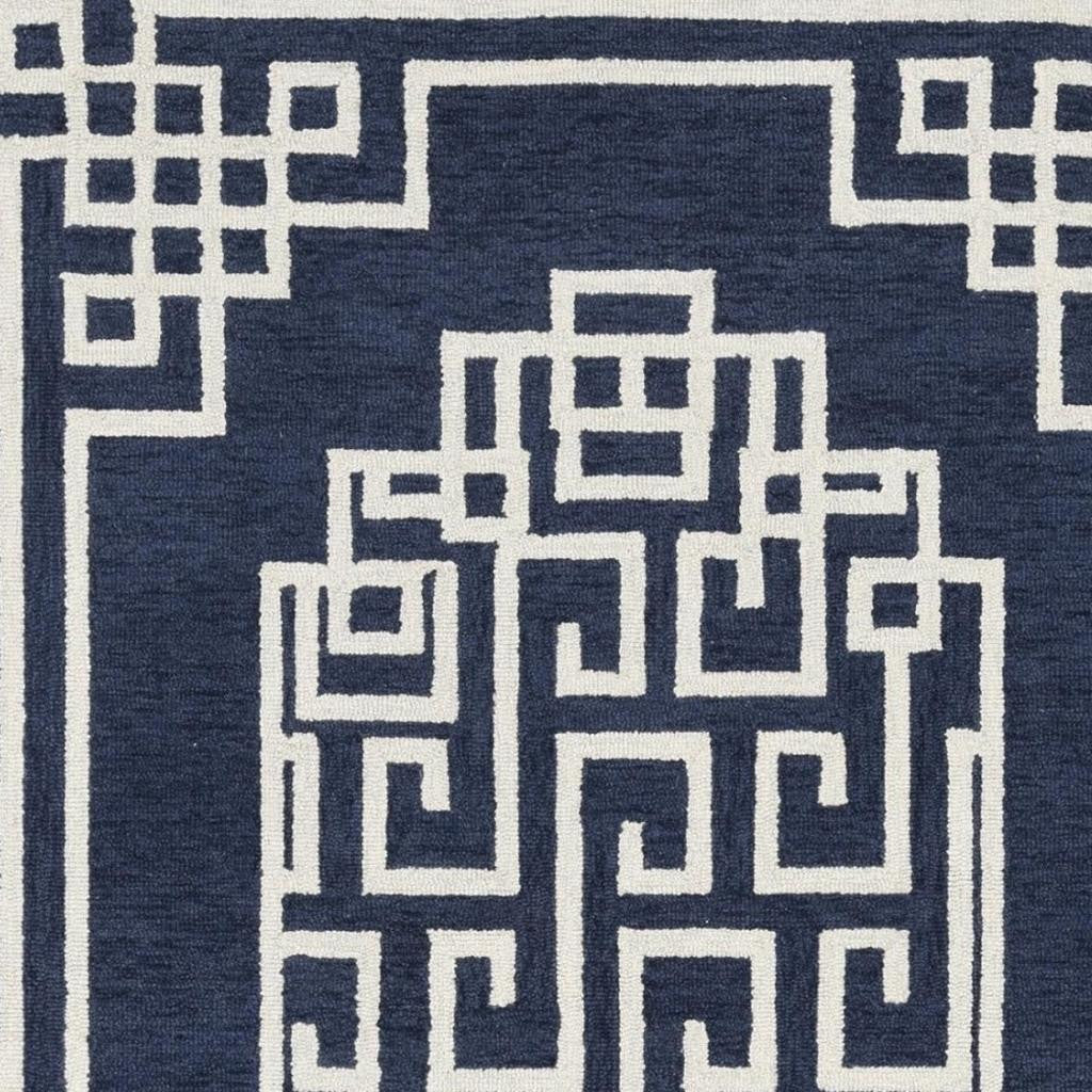 5' X 7' Navy Blue And Ivory Wool Geometric Hand Tufted Area Rug-Area Rugs-DECOROLALA