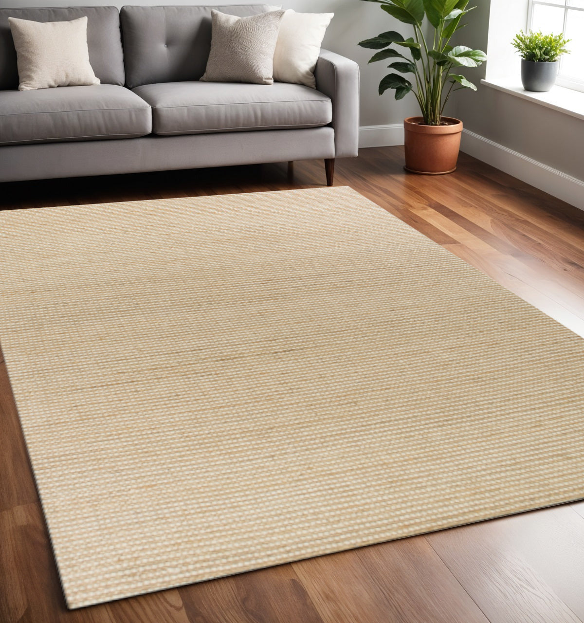 5' X 7' Tan And Ivory Hand Woven Area Rug-Area Rugs-DECOROLALA