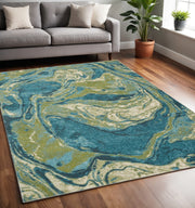 5' X 7' Teal And Beige Abstract Area Rug-Area Rugs-DECOROLALA