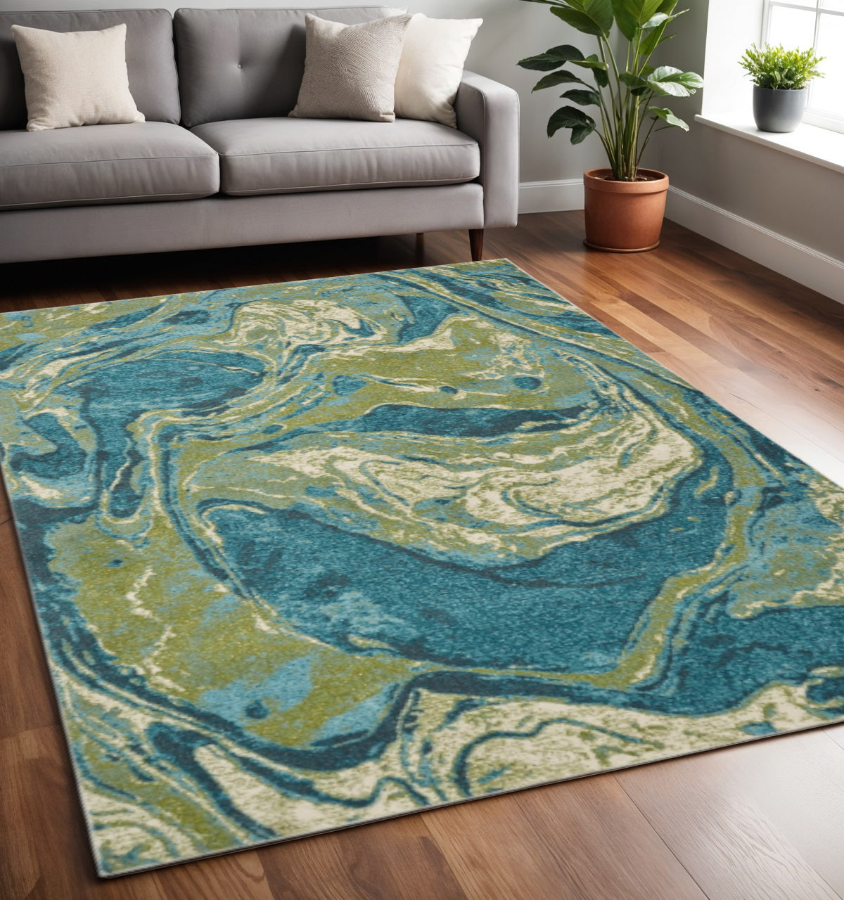 5' X 7' Teal And Beige Abstract Area Rug-Area Rugs-DECOROLALA