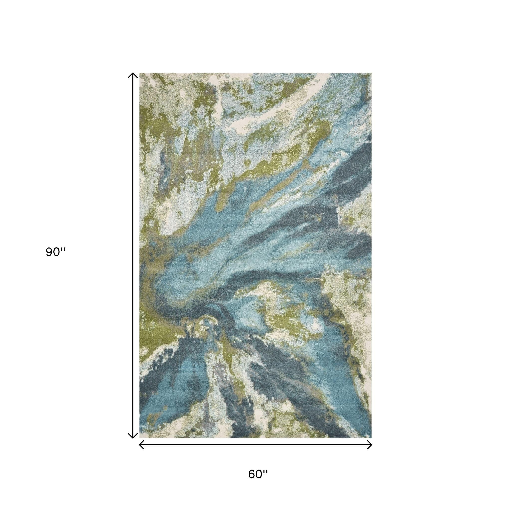 5' X 7' Teal Gray And Green Abstract Area Rug-Area Rugs-DECOROLALA