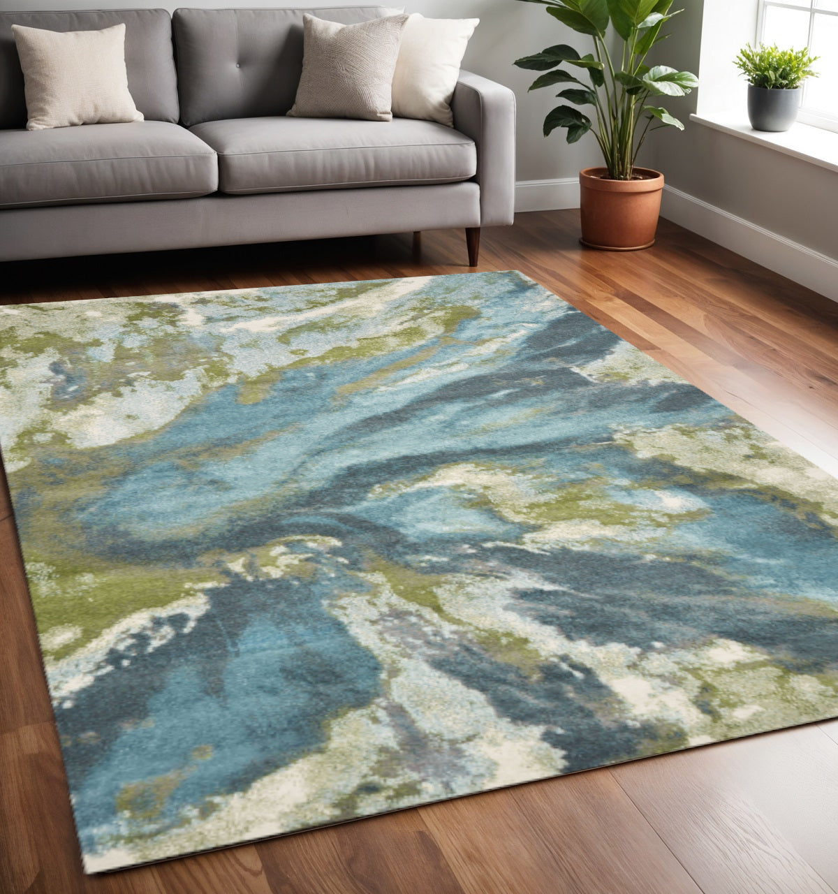 5' X 7' Teal Gray And Green Abstract Area Rug-Area Rugs-DECOROLALA