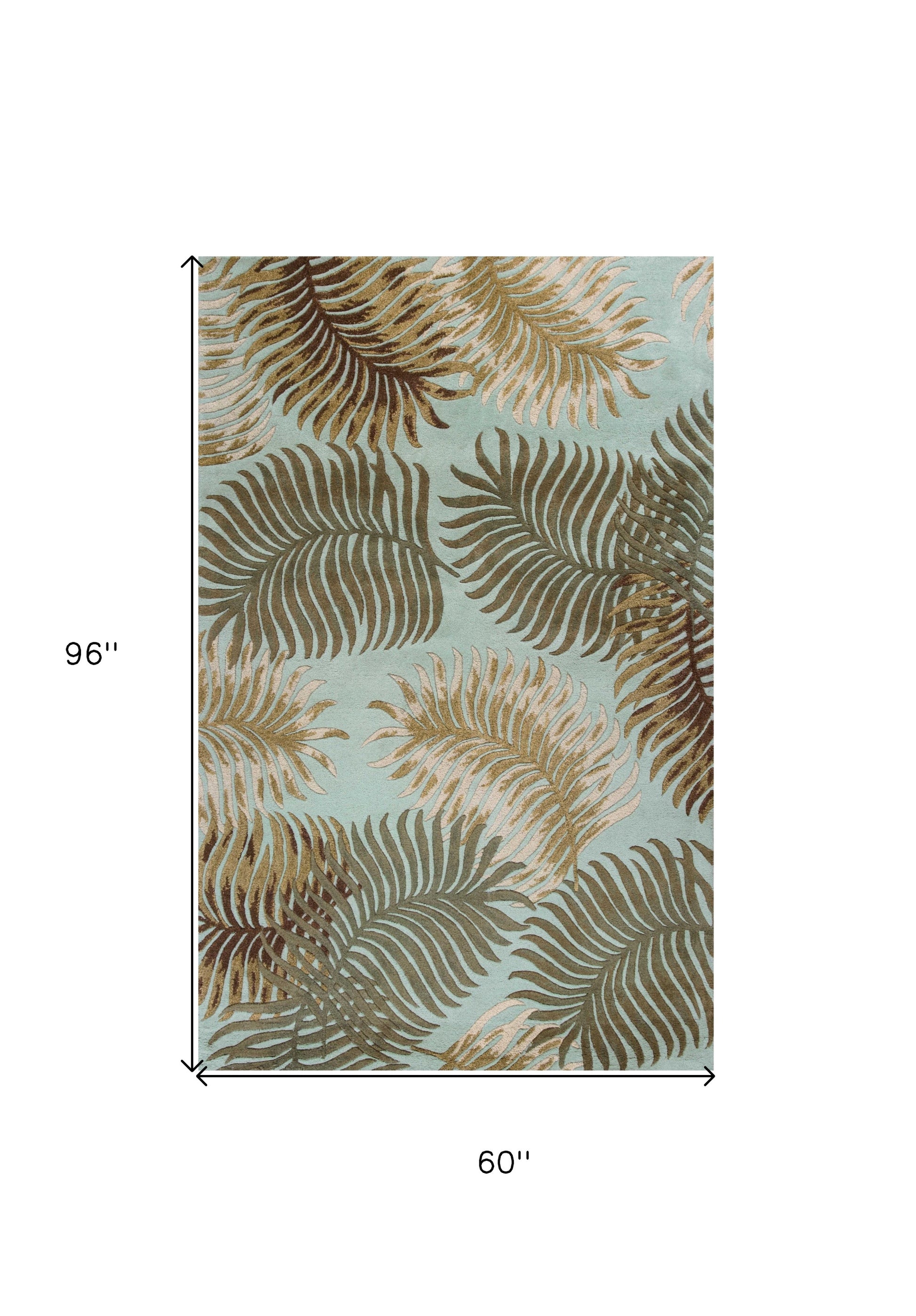 5' X 8' Aqua And Brown Wool Botanical Leaves Hand Tufted Area Rug-Area Rugs-DECOROLALA