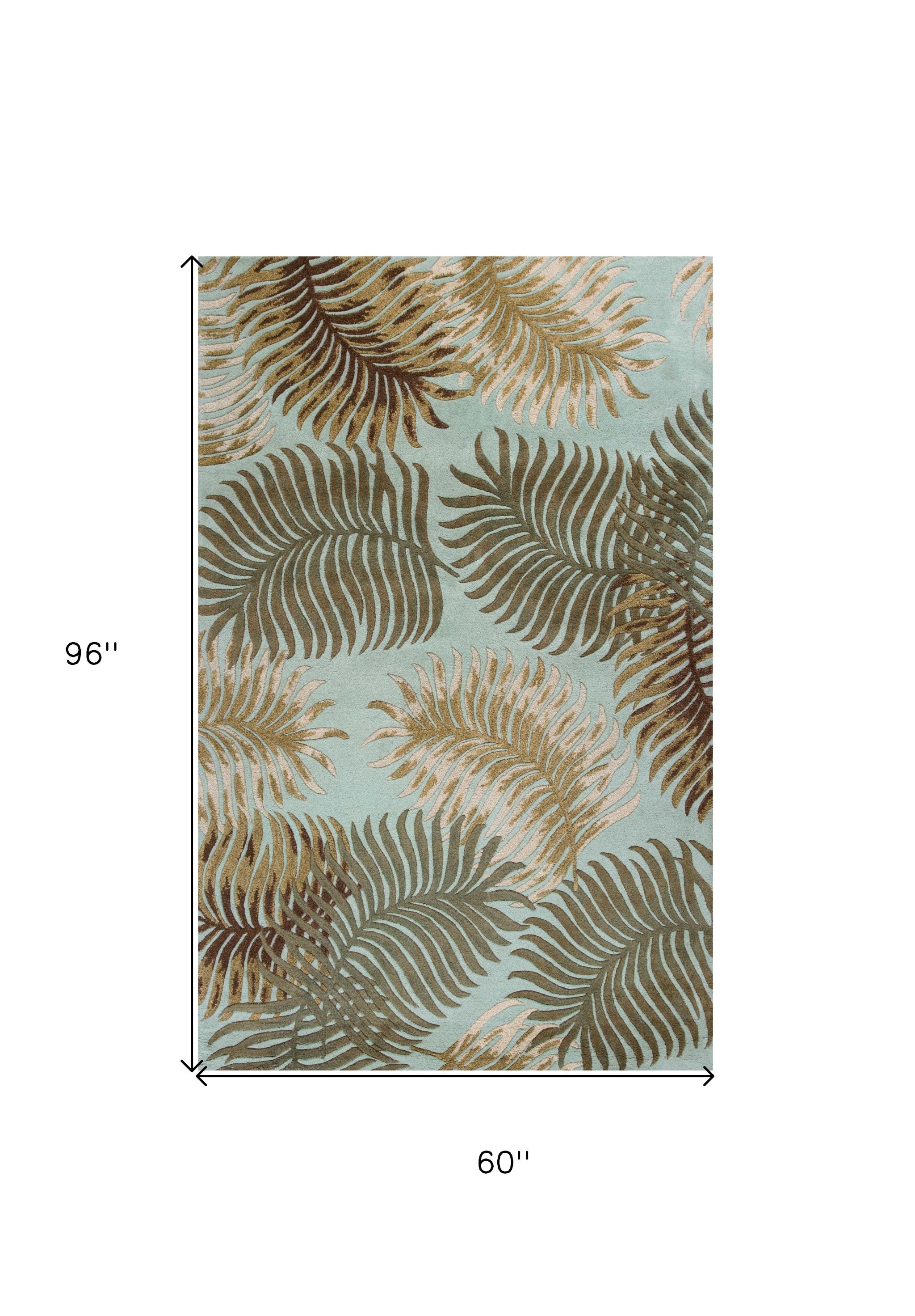 5' X 8' Aqua And Brown Wool Botanical Leaves Hand Tufted Area Rug-Area Rugs-DECOROLALA