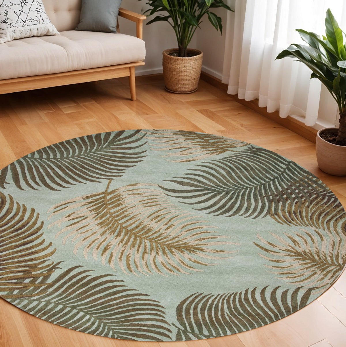5' X 8' Aqua And Brown Wool Botanical Leaves Hand Tufted Area Rug-Area Rugs-DECOROLALA