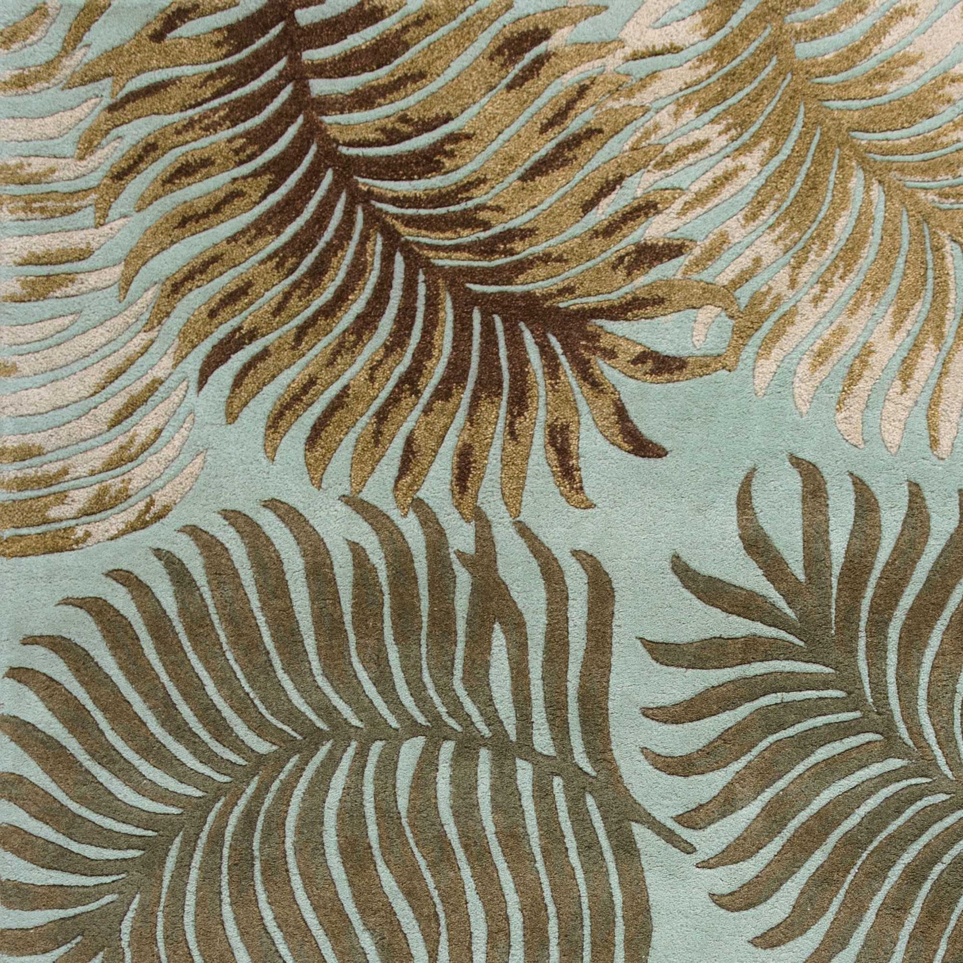 5' X 8' Aqua And Brown Wool Botanical Leaves Hand Tufted Area Rug-Area Rugs-DECOROLALA