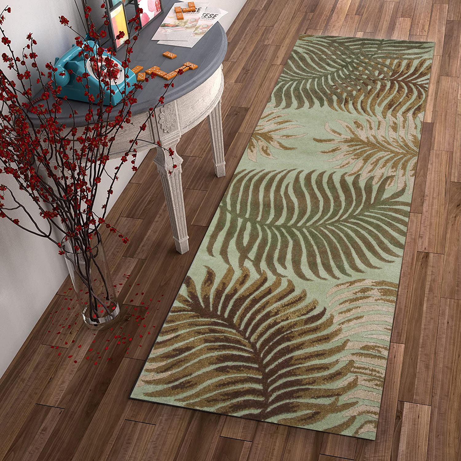 5' X 8' Aqua And Brown Wool Botanical Leaves Hand Tufted Area Rug-Area Rugs-DECOROLALA