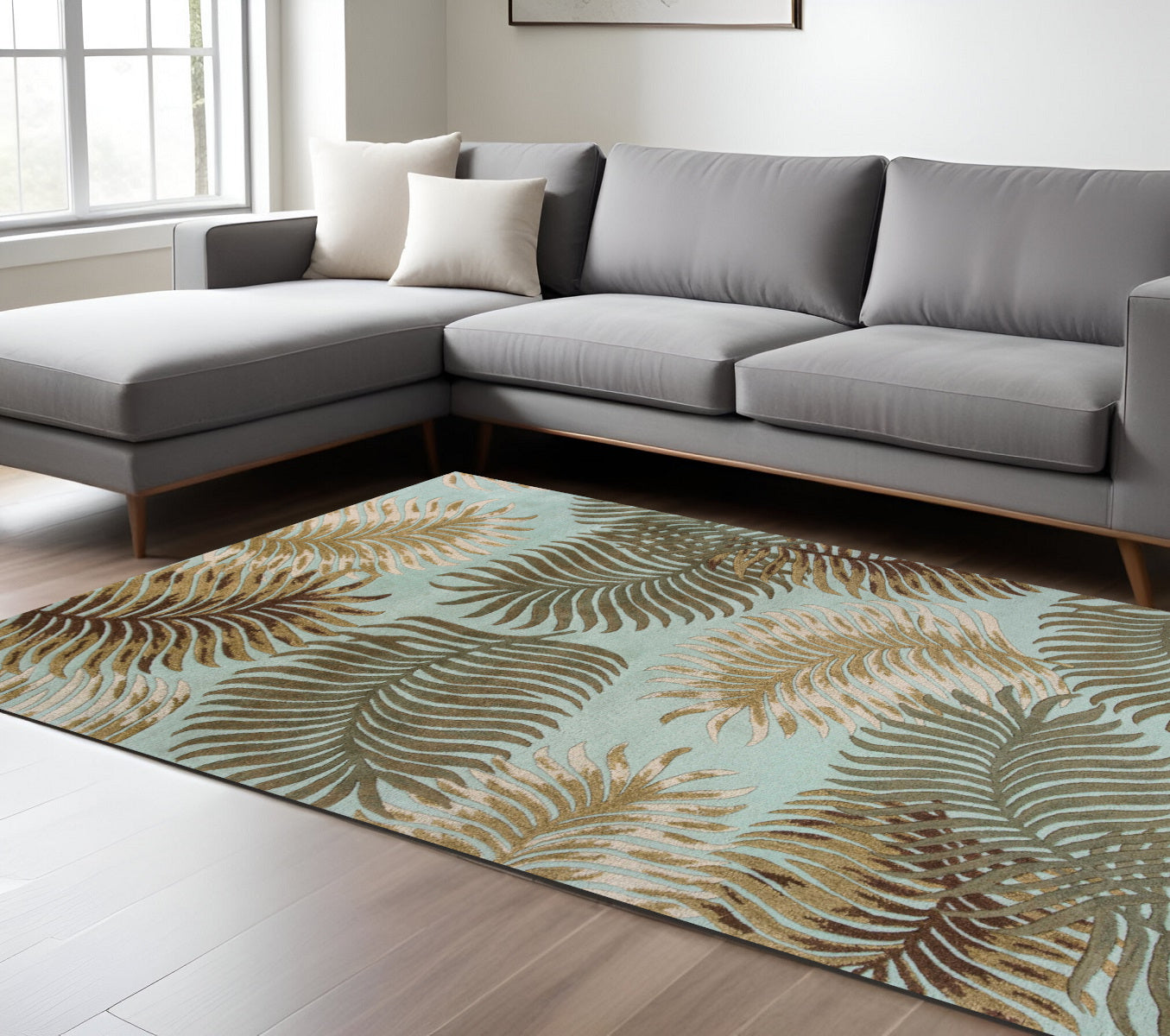 5' X 8' Aqua And Brown Wool Botanical Leaves Hand Tufted Area Rug-Area Rugs-DECOROLALA