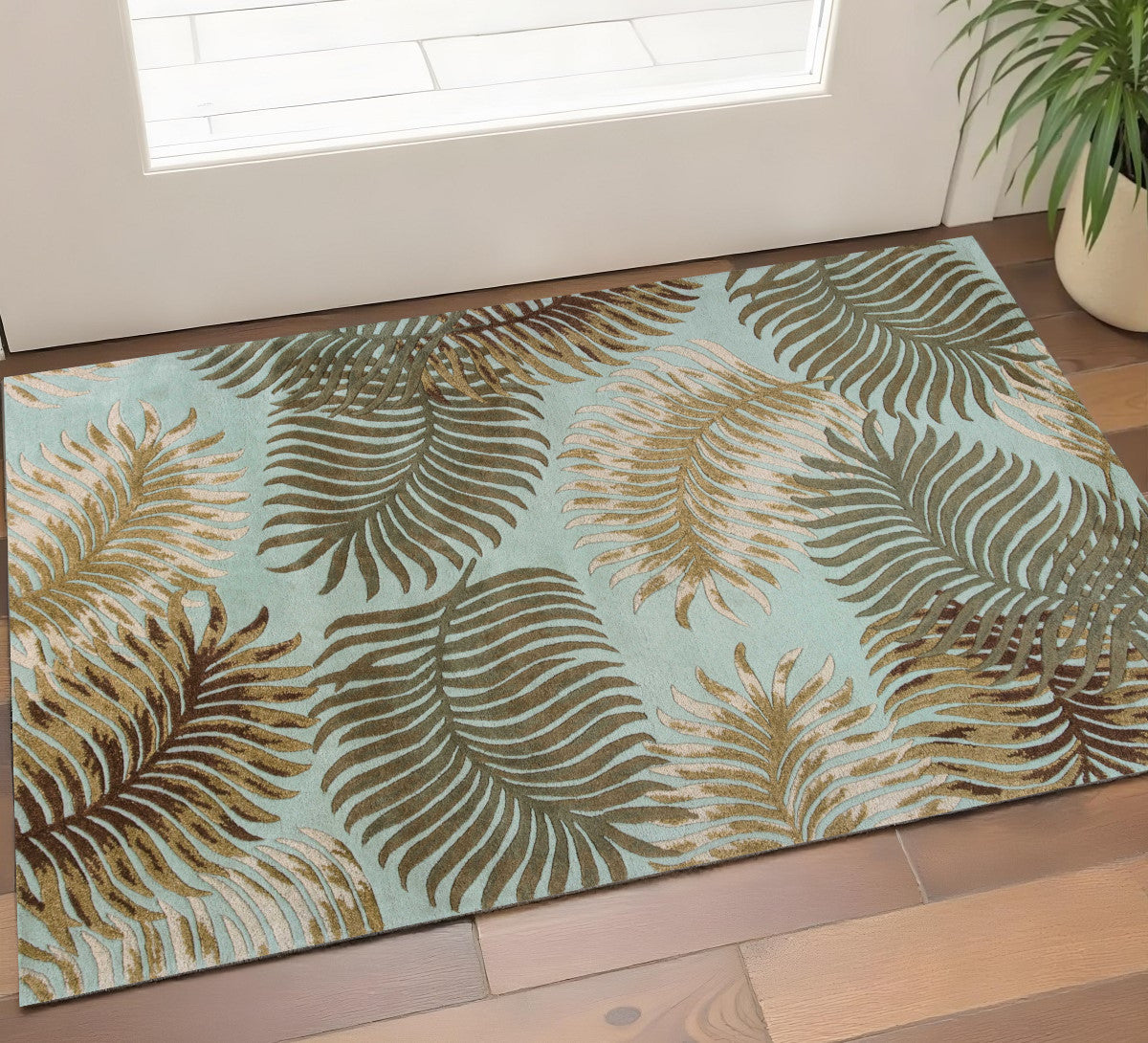 5' X 8' Aqua And Brown Wool Botanical Leaves Hand Tufted Area Rug-Area Rugs-DECOROLALA