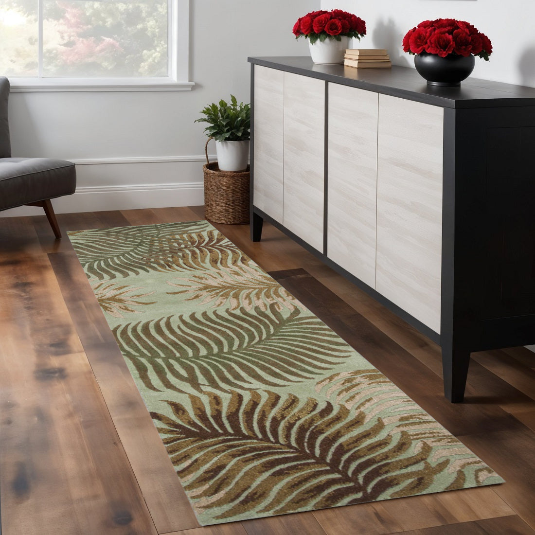 5' X 8' Aqua And Brown Wool Botanical Leaves Hand Tufted Area Rug-Area Rugs-DECOROLALA