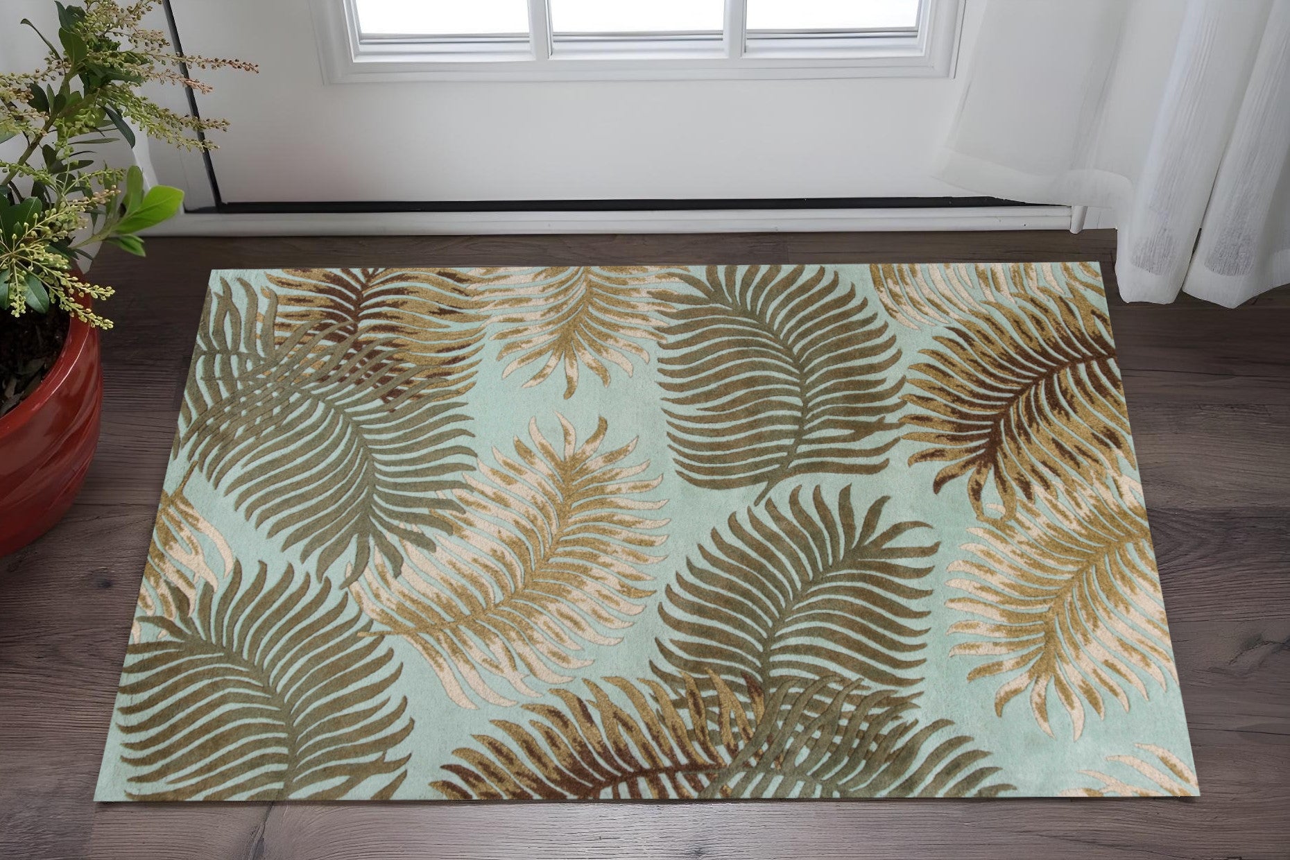 5' X 8' Aqua And Brown Wool Botanical Leaves Hand Tufted Area Rug-Area Rugs-DECOROLALA