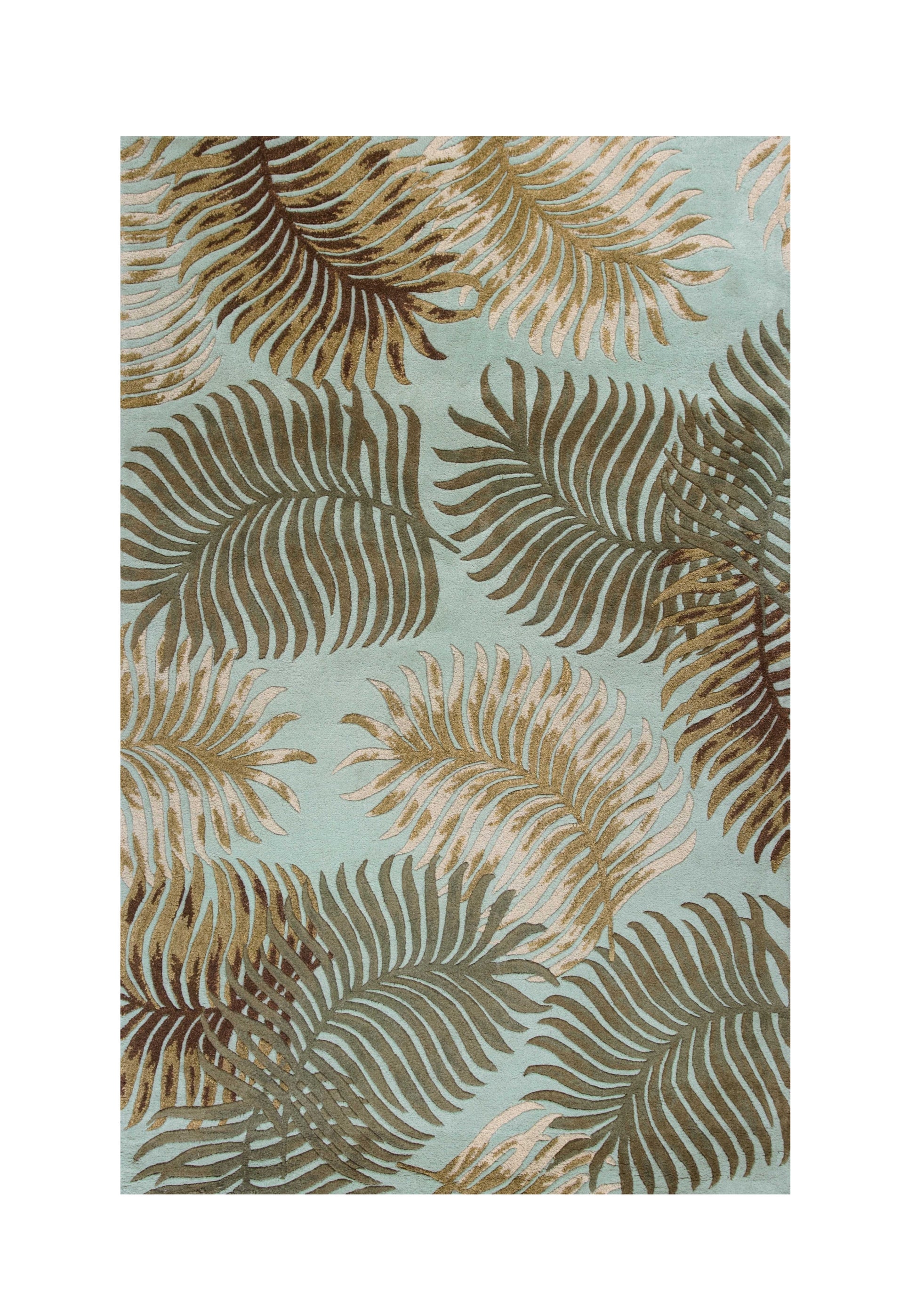 5' X 8' Aqua And Brown Wool Botanical Leaves Hand Tufted Area Rug-Area Rugs-DECOROLALA