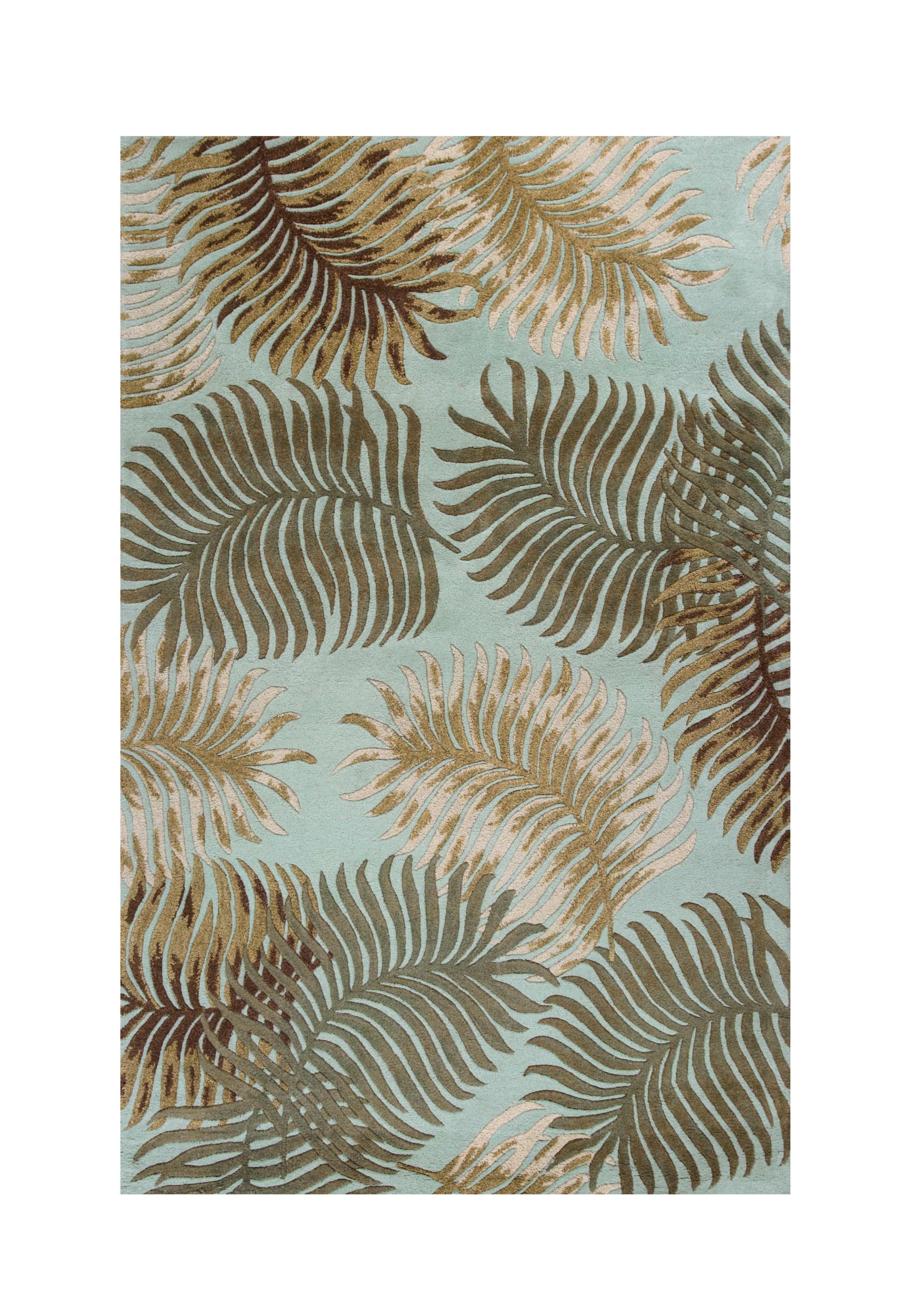 5' X 8' Aqua And Brown Wool Botanical Leaves Hand Tufted Area Rug-Area Rugs-DECOROLALA