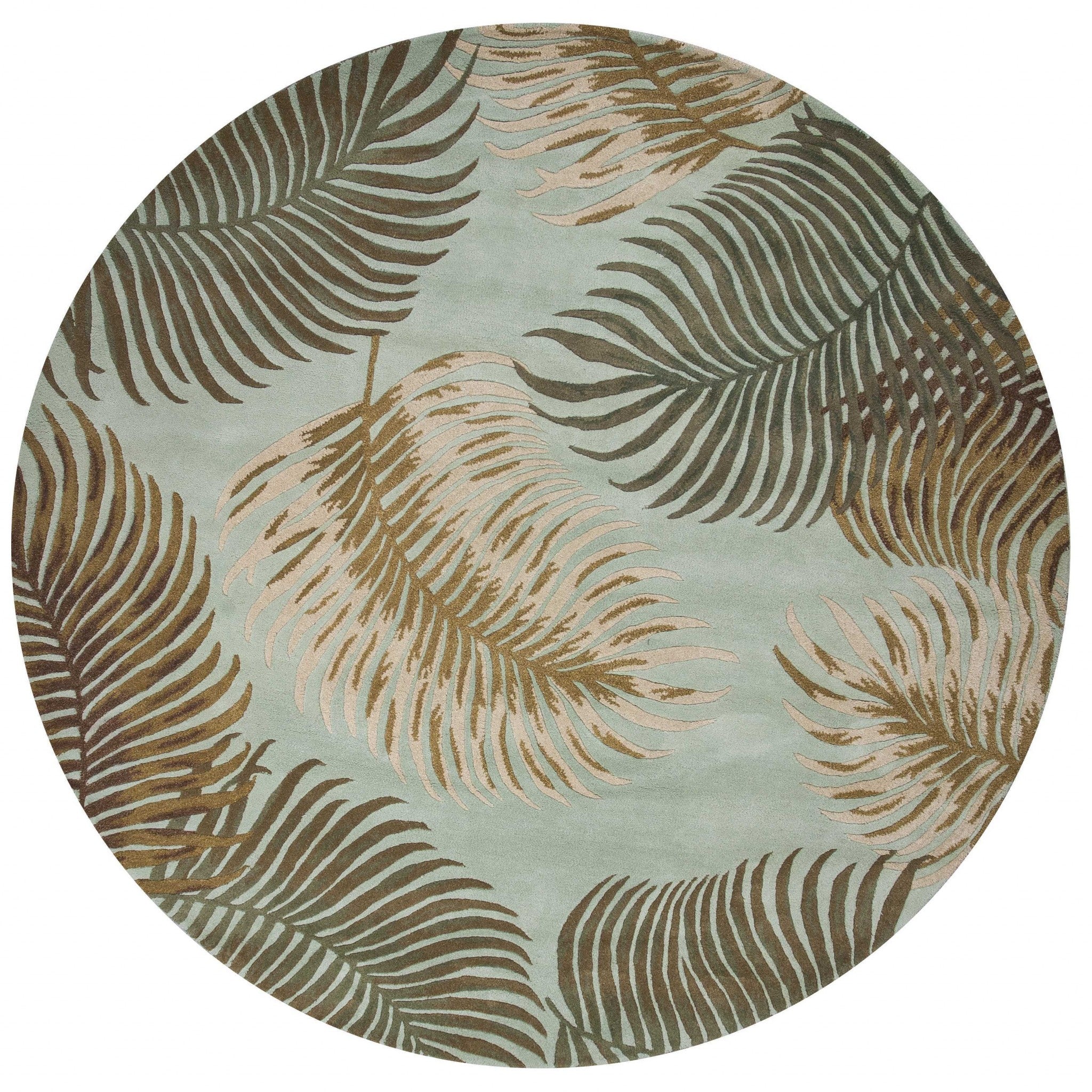 5' X 8' Aqua And Brown Wool Botanical Leaves Hand Tufted Area Rug-Area Rugs-DECOROLALA