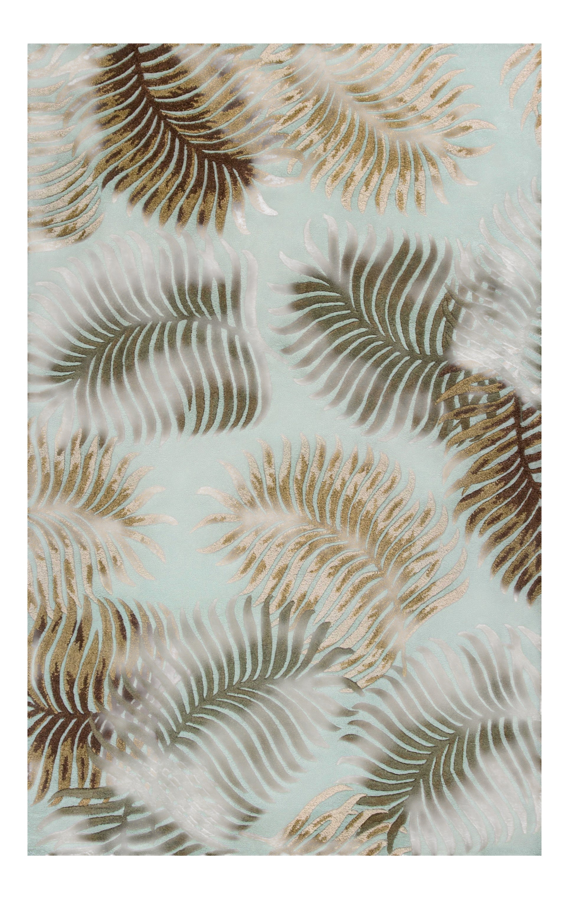 5' X 8' Aqua And Brown Wool Botanical Leaves Hand Tufted Area Rug-Area Rugs-DECOROLALA