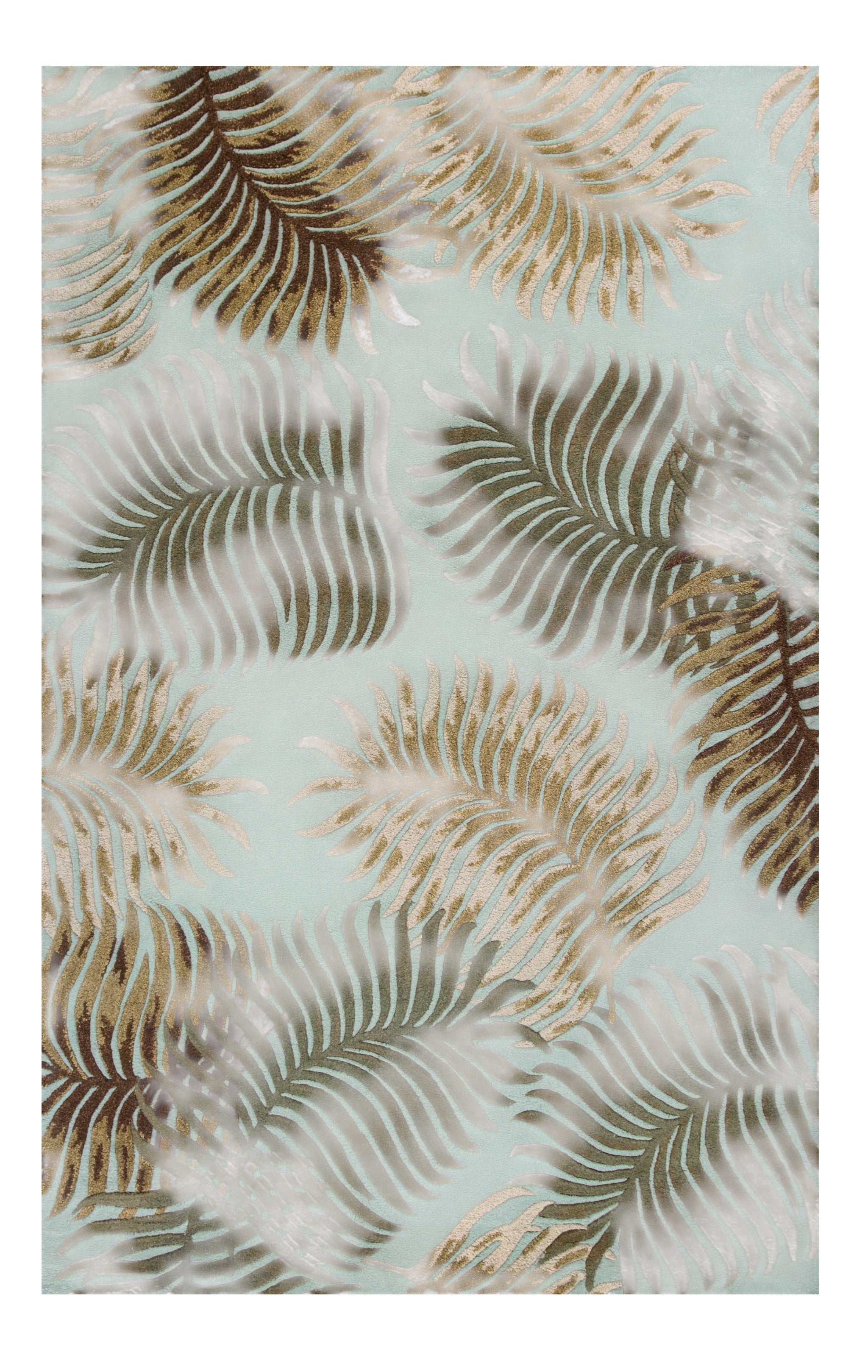 5' X 8' Aqua And Brown Wool Botanical Leaves Hand Tufted Area Rug-Area Rugs-DECOROLALA