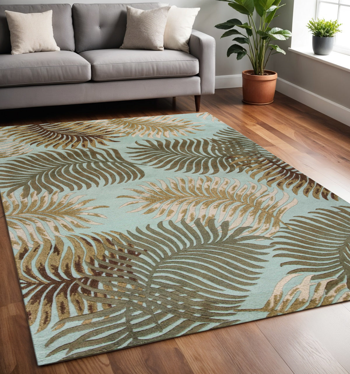 5' X 8' Aqua And Brown Wool Botanical Leaves Hand Tufted Area Rug-Area Rugs-DECOROLALA