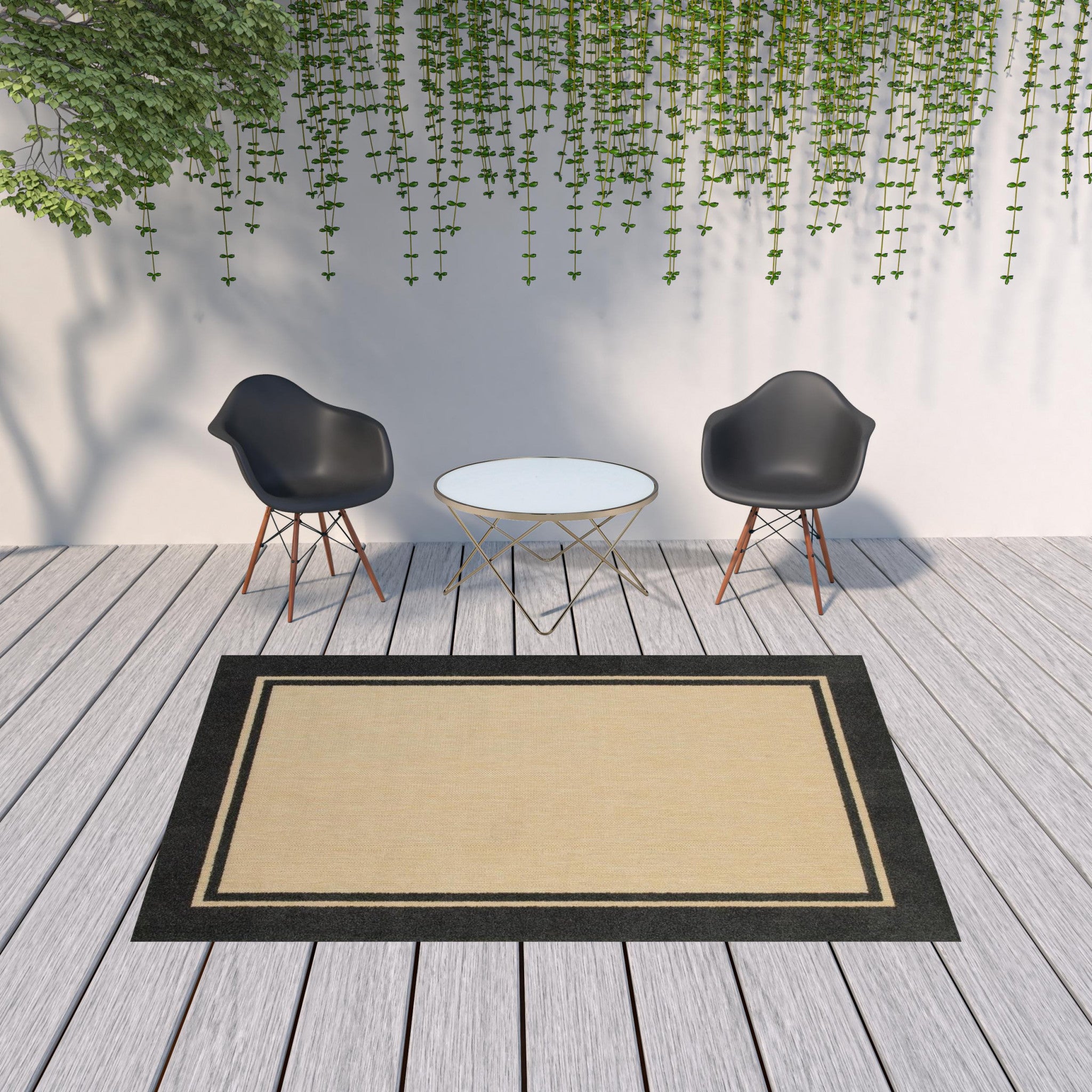 5' X 8' Beige And Black Indoor Outdoor Area Rug-Outdoor Rugs-DECOROLALA