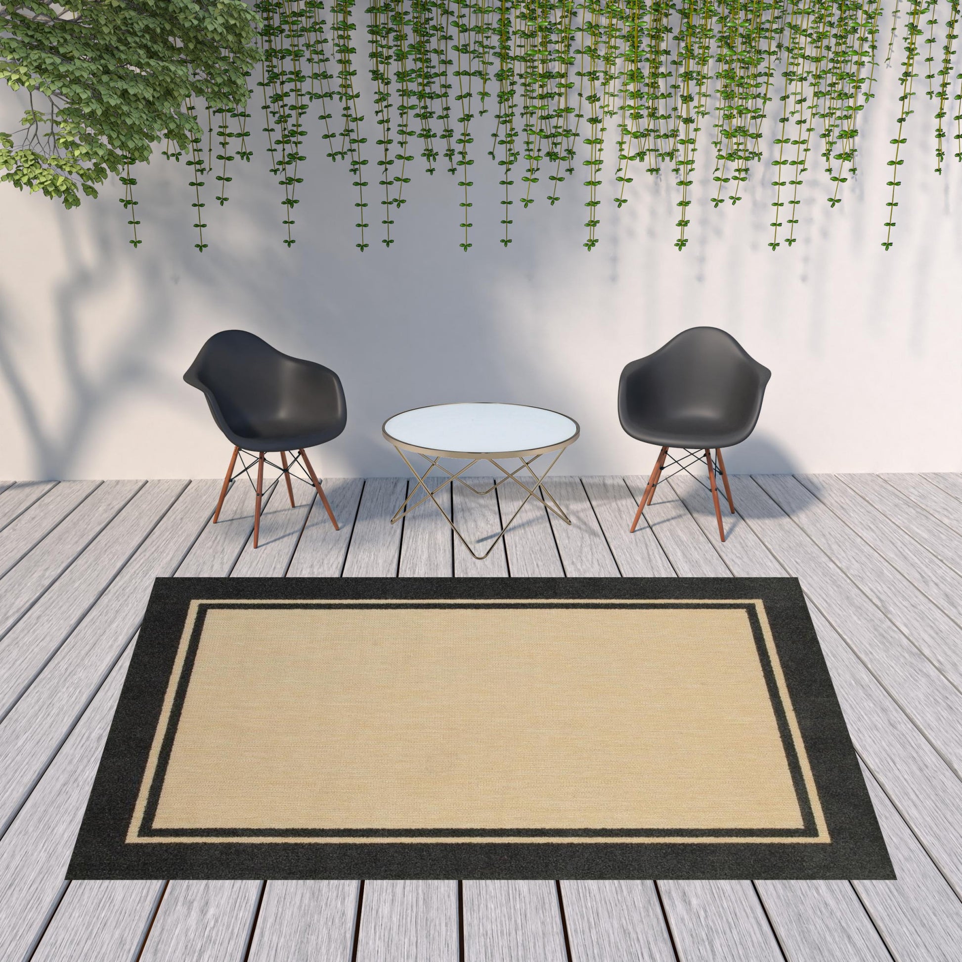 5' X 8' Beige And Black Indoor Outdoor Area Rug-Outdoor Rugs-DECOROLALA