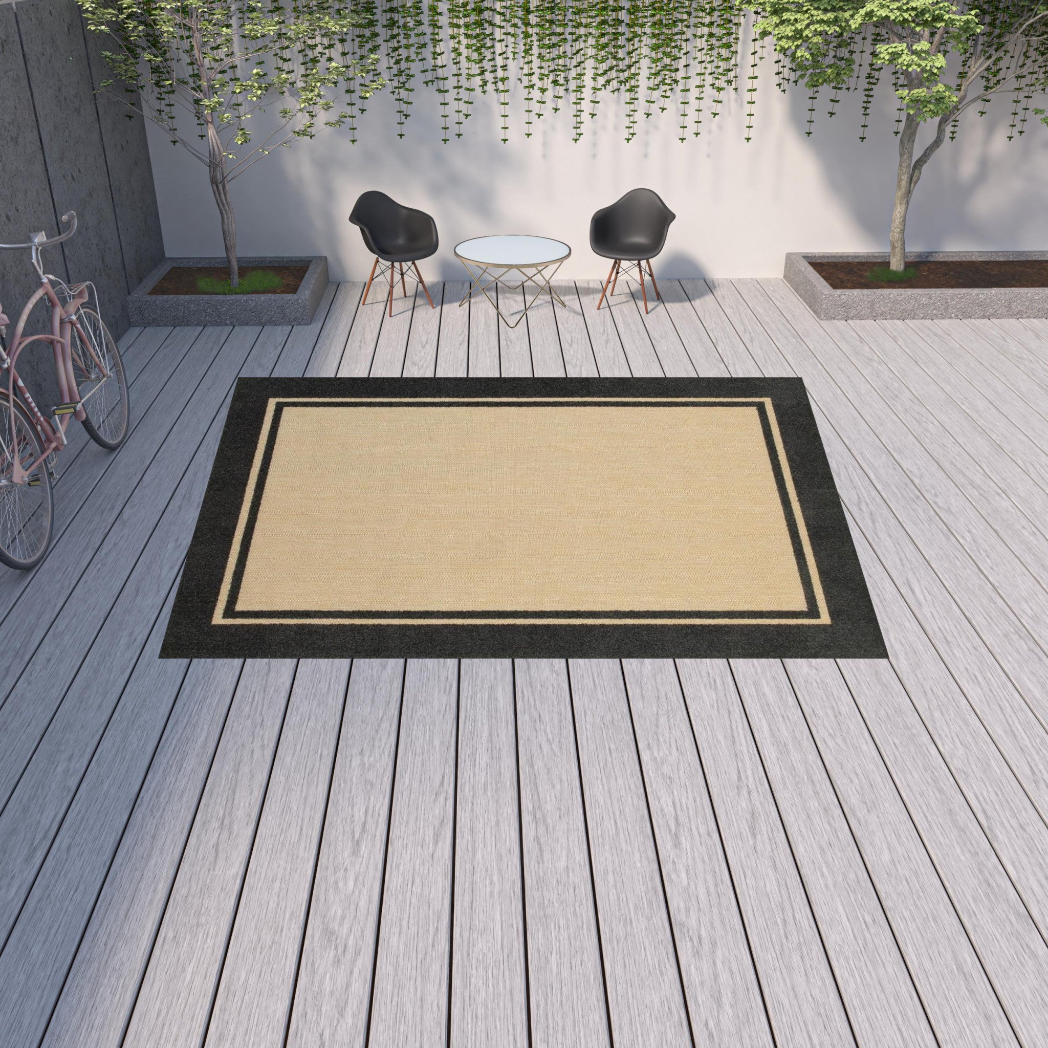 5' X 8' Beige And Black Indoor Outdoor Area Rug-Outdoor Rugs-DECOROLALA