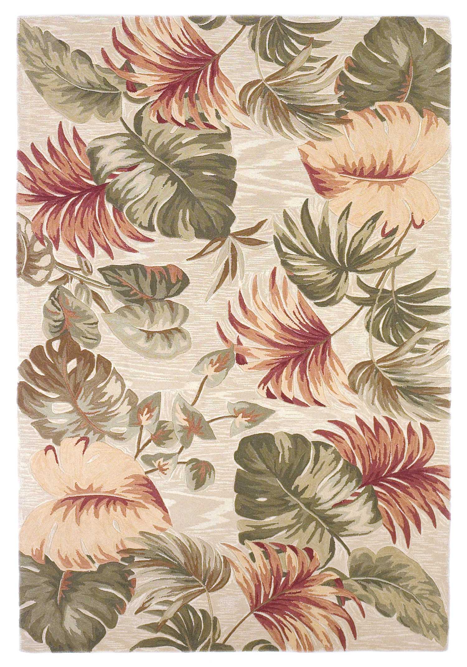 5' X 8' Beige Green And Pink Wool Botanical Leaves Hand Tufted Area Rug-Area Rugs-DECOROLALA