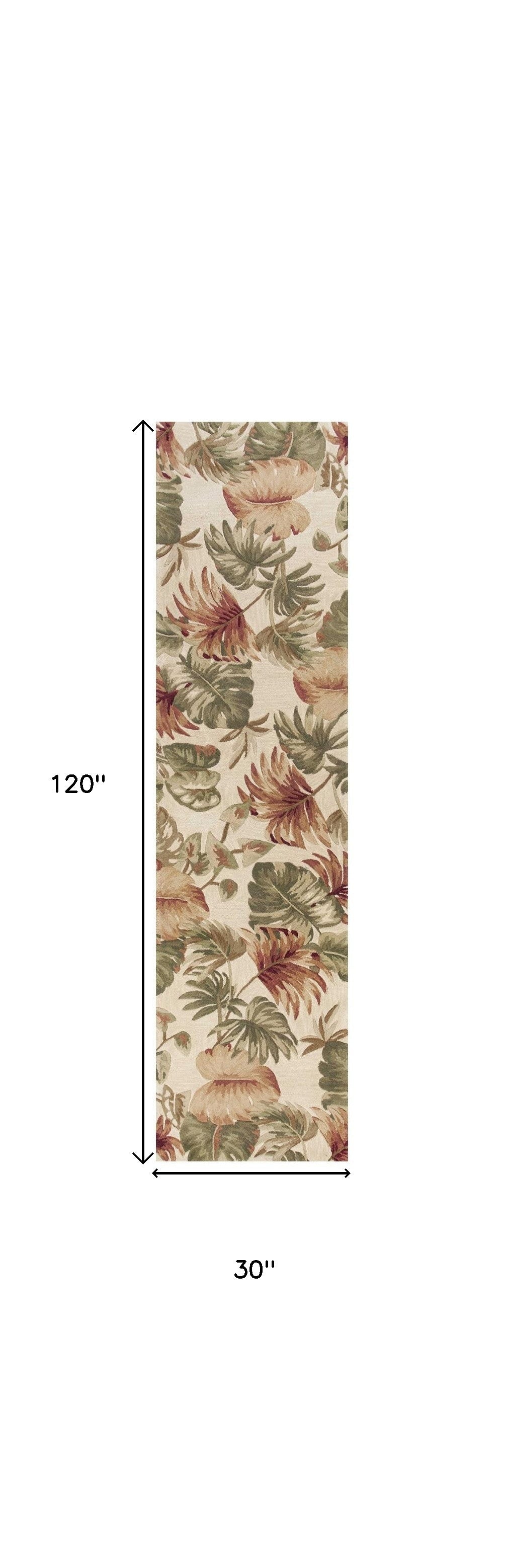 5' X 8' Beige Green And Pink Wool Botanical Leaves Hand Tufted Area Rug-Area Rugs-DECOROLALA