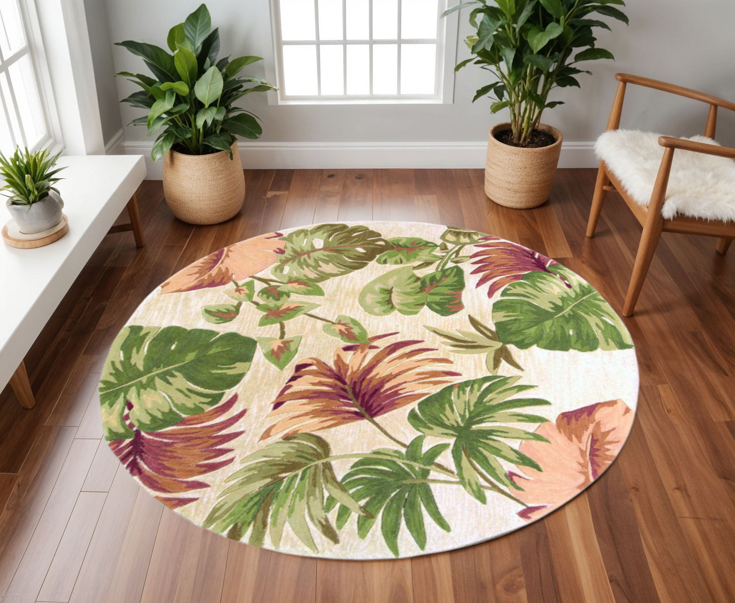 5' X 8' Beige Green And Pink Wool Botanical Leaves Hand Tufted Area Rug-Area Rugs-DECOROLALA