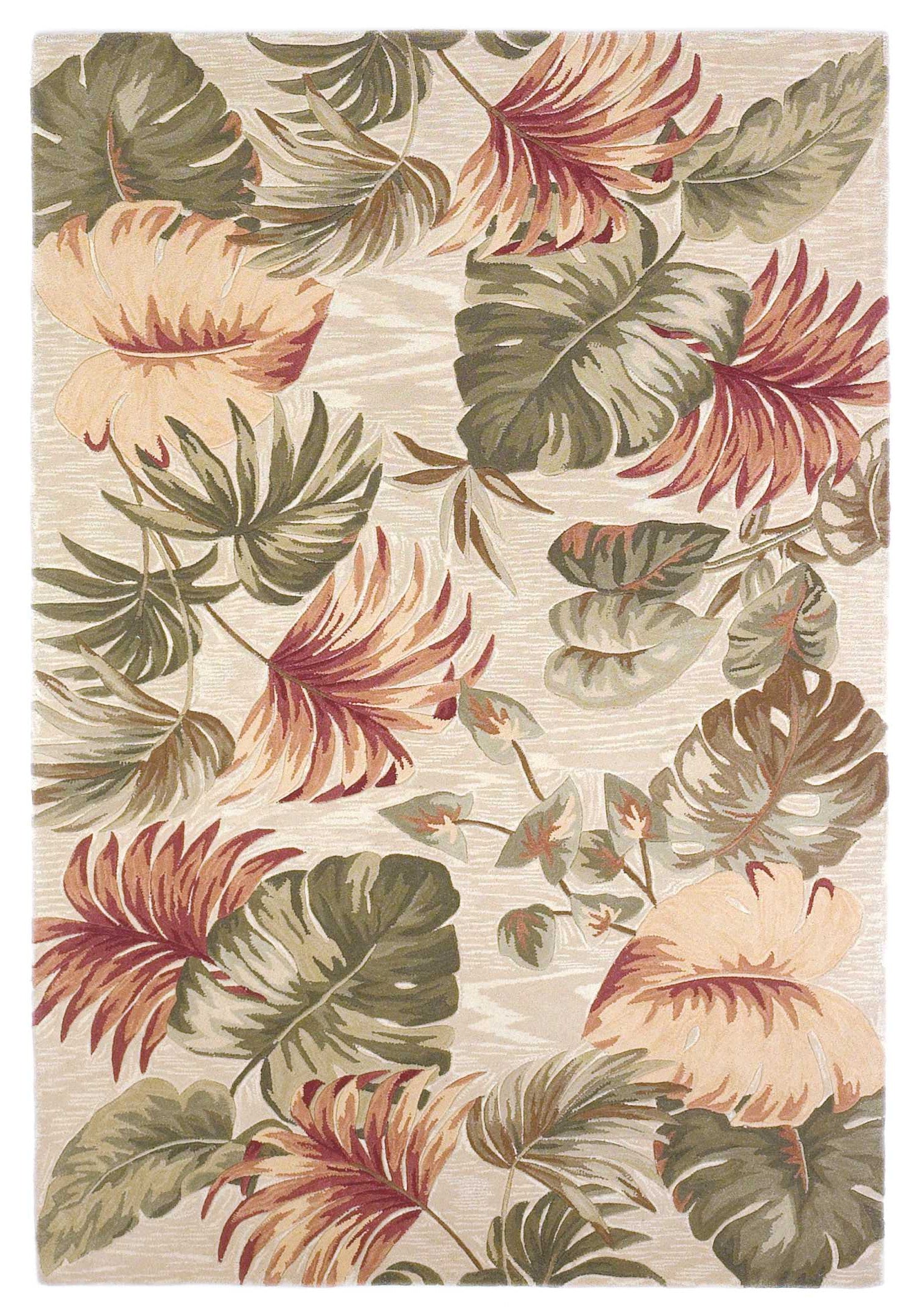 5' X 8' Beige Green And Pink Wool Botanical Leaves Hand Tufted Area Rug-Area Rugs-DECOROLALA