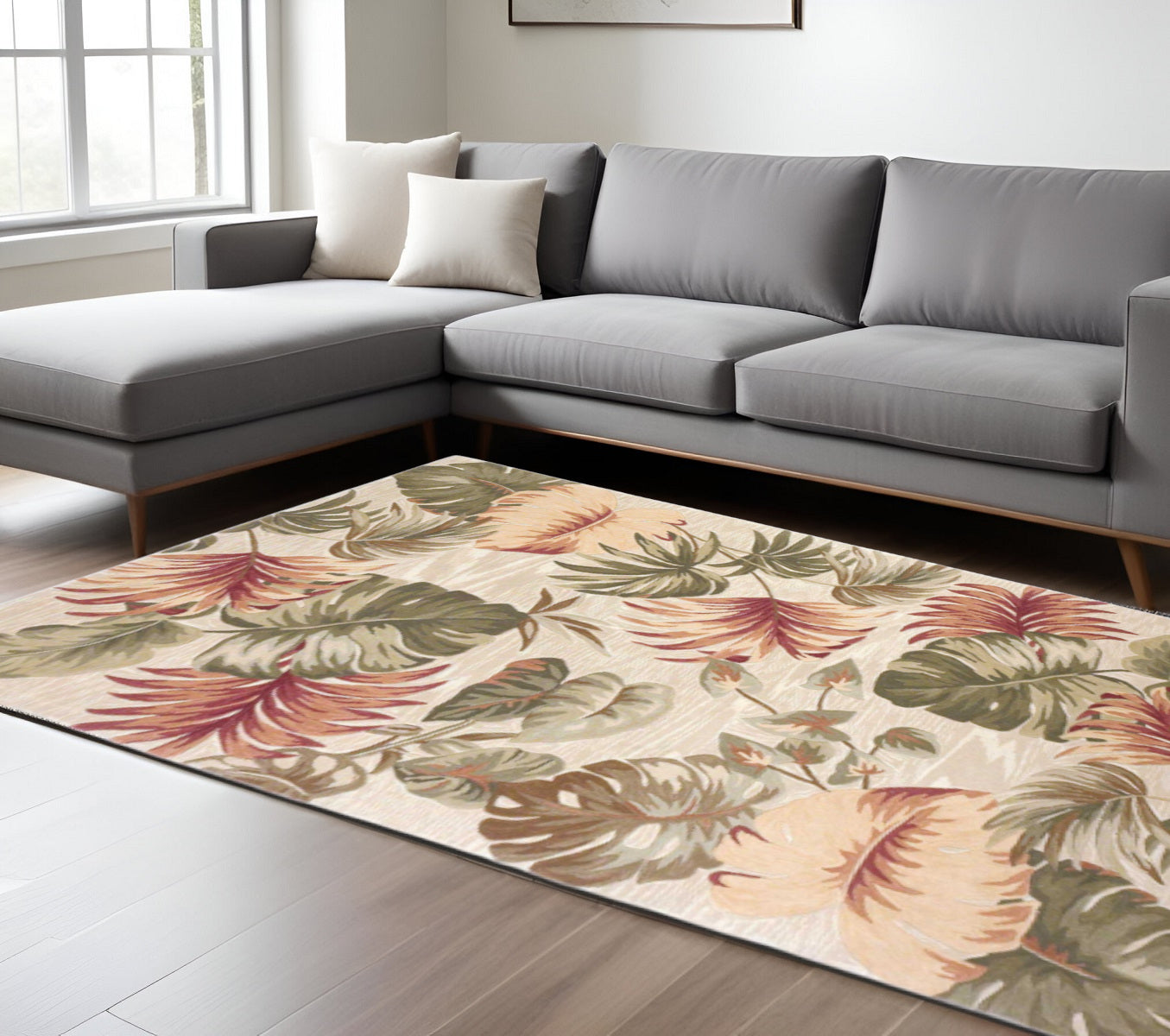 5' X 8' Beige Green And Pink Wool Botanical Leaves Hand Tufted Area Rug-Area Rugs-DECOROLALA