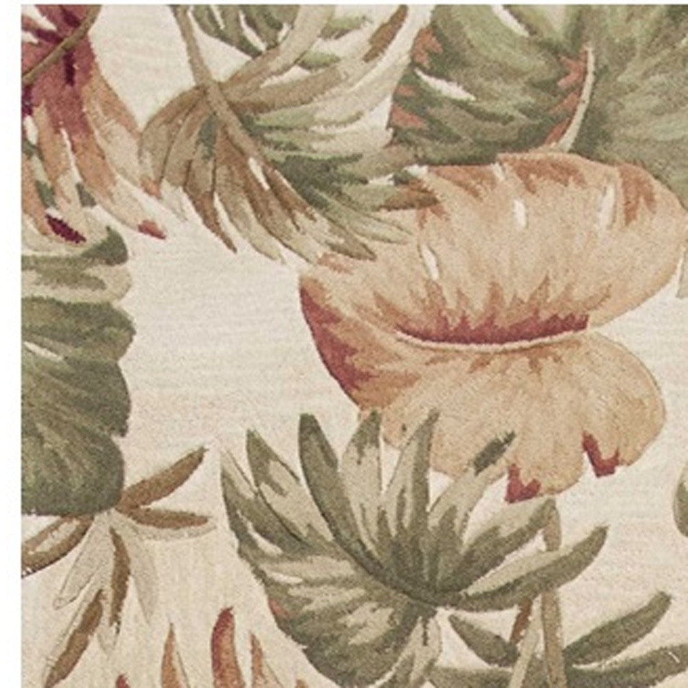 5' X 8' Beige Green And Pink Wool Botanical Leaves Hand Tufted Area Rug-Area Rugs-DECOROLALA