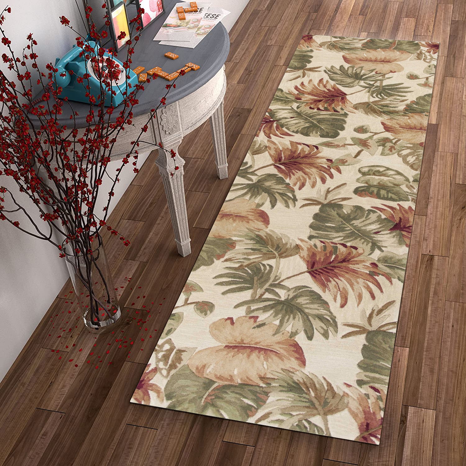 5' X 8' Beige Green And Pink Wool Botanical Leaves Hand Tufted Area Rug-Area Rugs-DECOROLALA