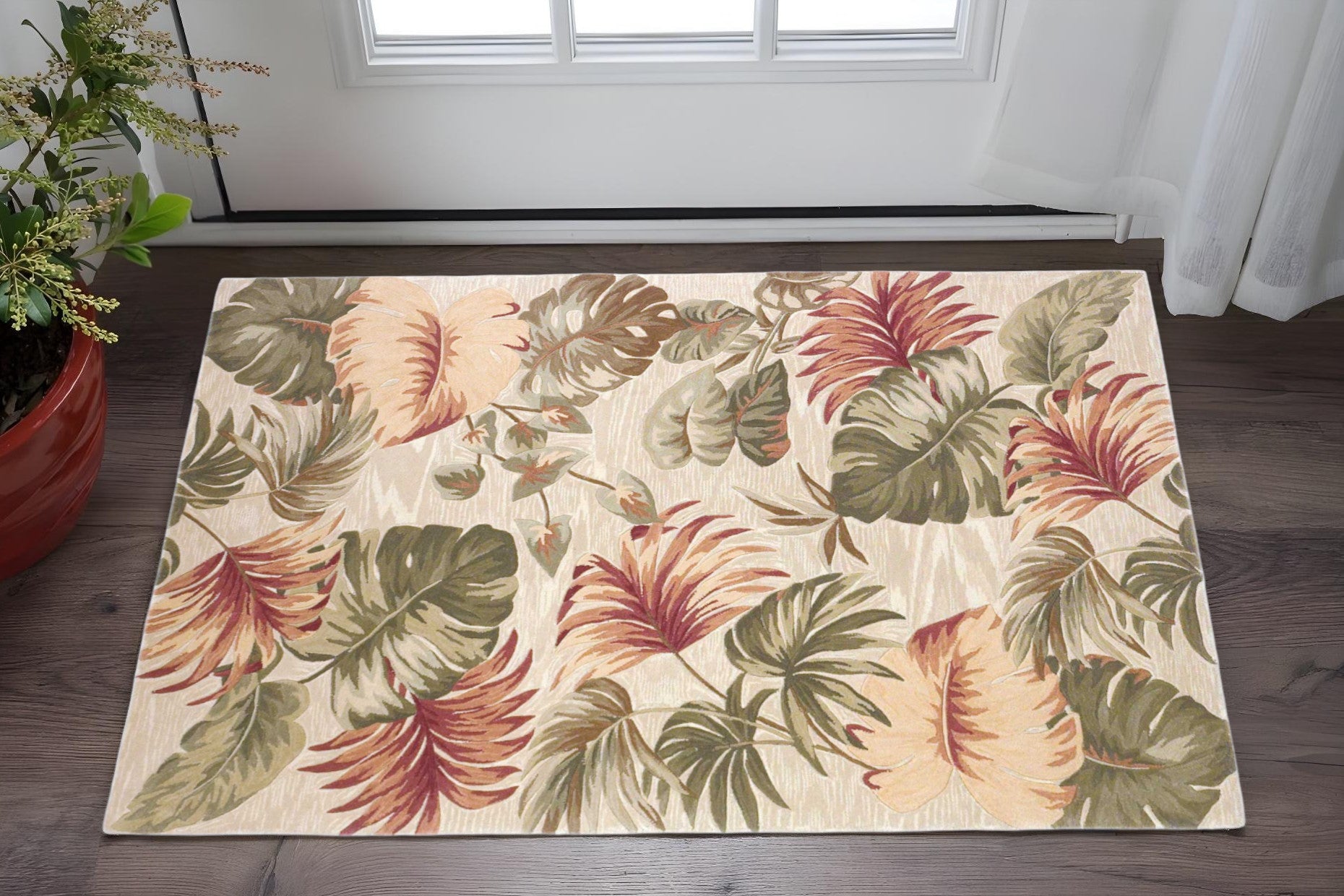 5' X 8' Beige Green And Pink Wool Botanical Leaves Hand Tufted Area Rug-Area Rugs-DECOROLALA