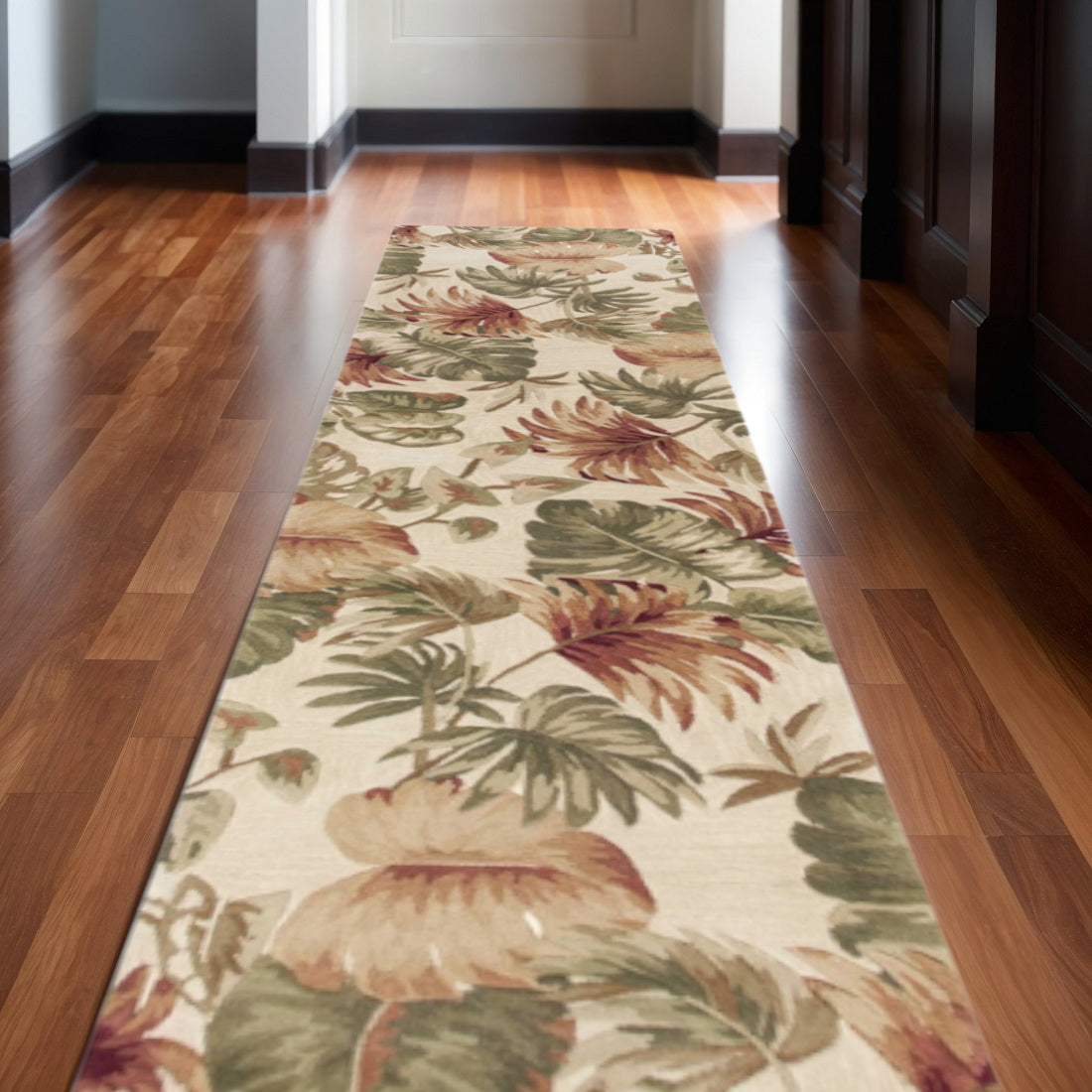 5' X 8' Beige Green And Pink Wool Botanical Leaves Hand Tufted Area Rug-Area Rugs-DECOROLALA
