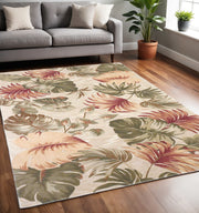 5' X 8' Beige Green And Pink Wool Botanical Leaves Hand Tufted Area Rug-Area Rugs-DECOROLALA