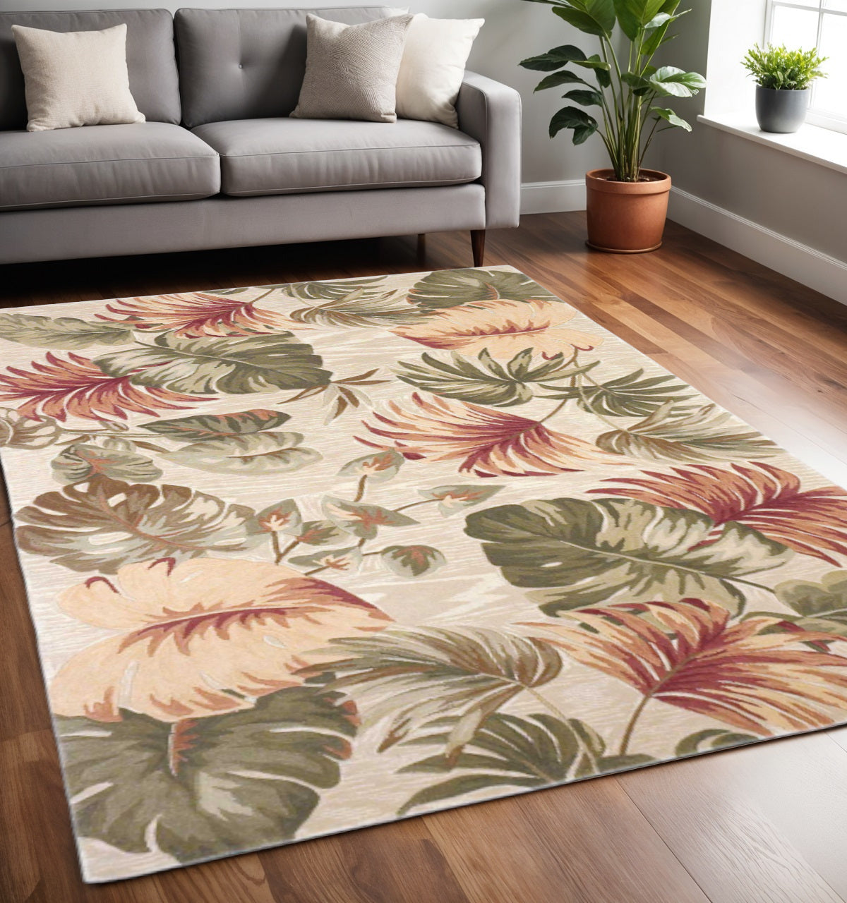 5' X 8' Beige Green And Pink Wool Botanical Leaves Hand Tufted Area Rug-Area Rugs-DECOROLALA
