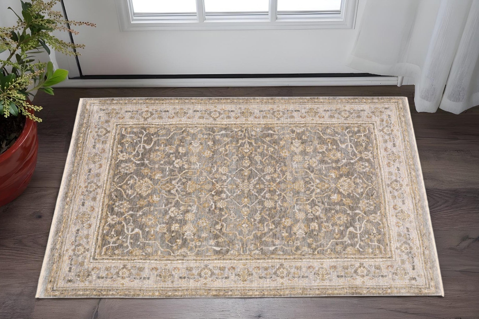 5' X 8' Beige Grey Machine Woven Oriental Indoor Arean Rug-Area Rugs-DECOROLALA