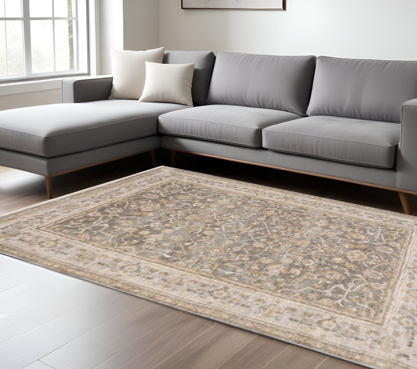 5' X 8' Beige Grey Machine Woven Oriental Indoor Arean Rug-Area Rugs-DECOROLALA