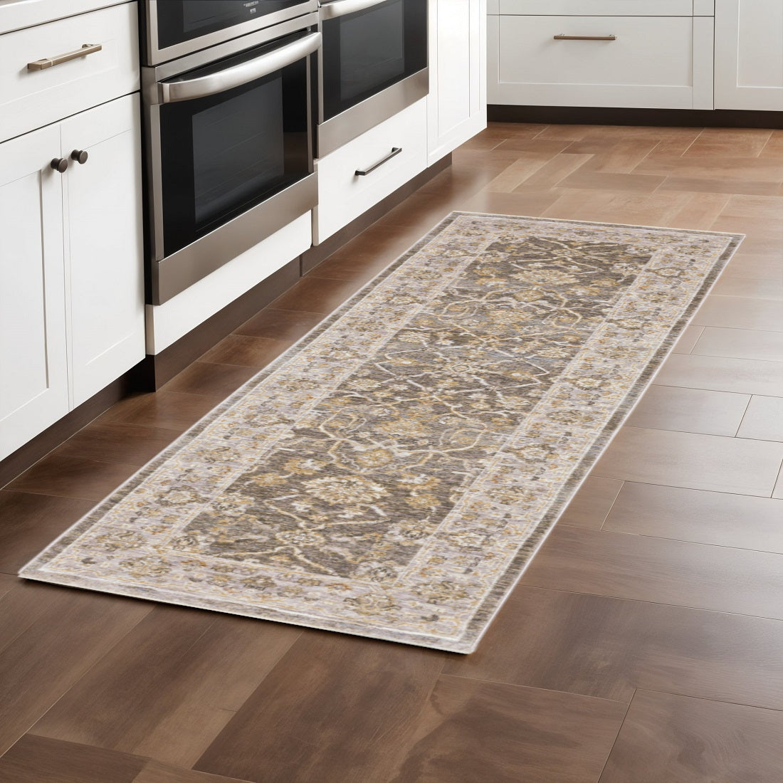 5' X 8' Beige Grey Machine Woven Oriental Indoor Arean Rug-Area Rugs-DECOROLALA
