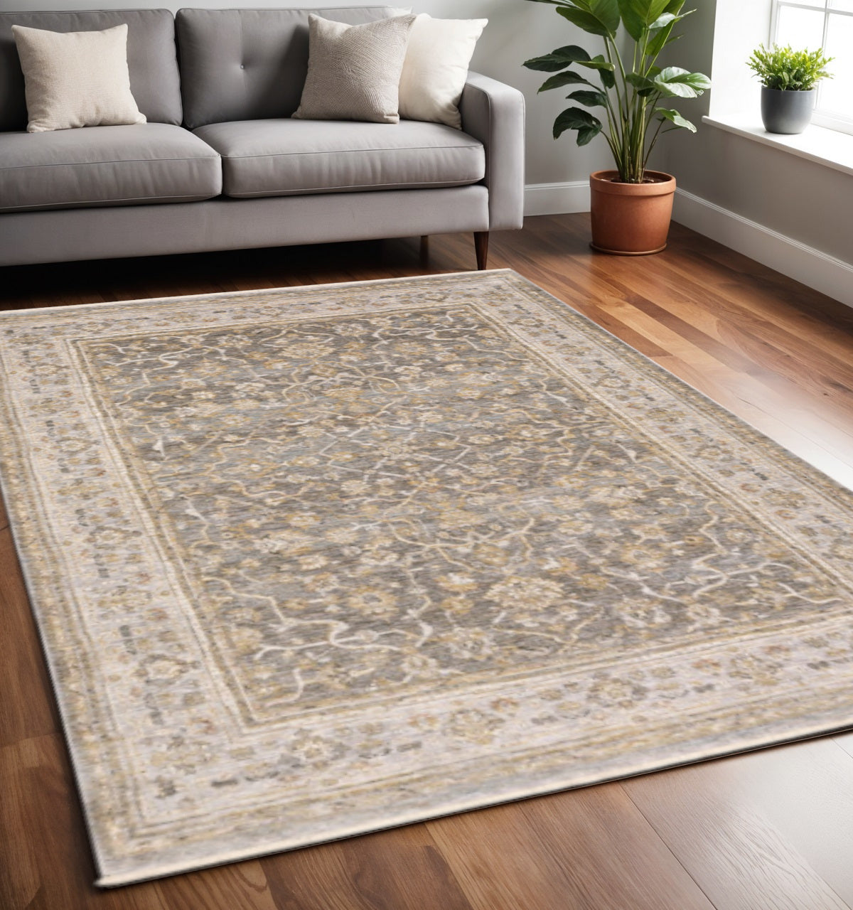 5' X 8' Beige Grey Machine Woven Oriental Indoor Arean Rug-Area Rugs-DECOROLALA