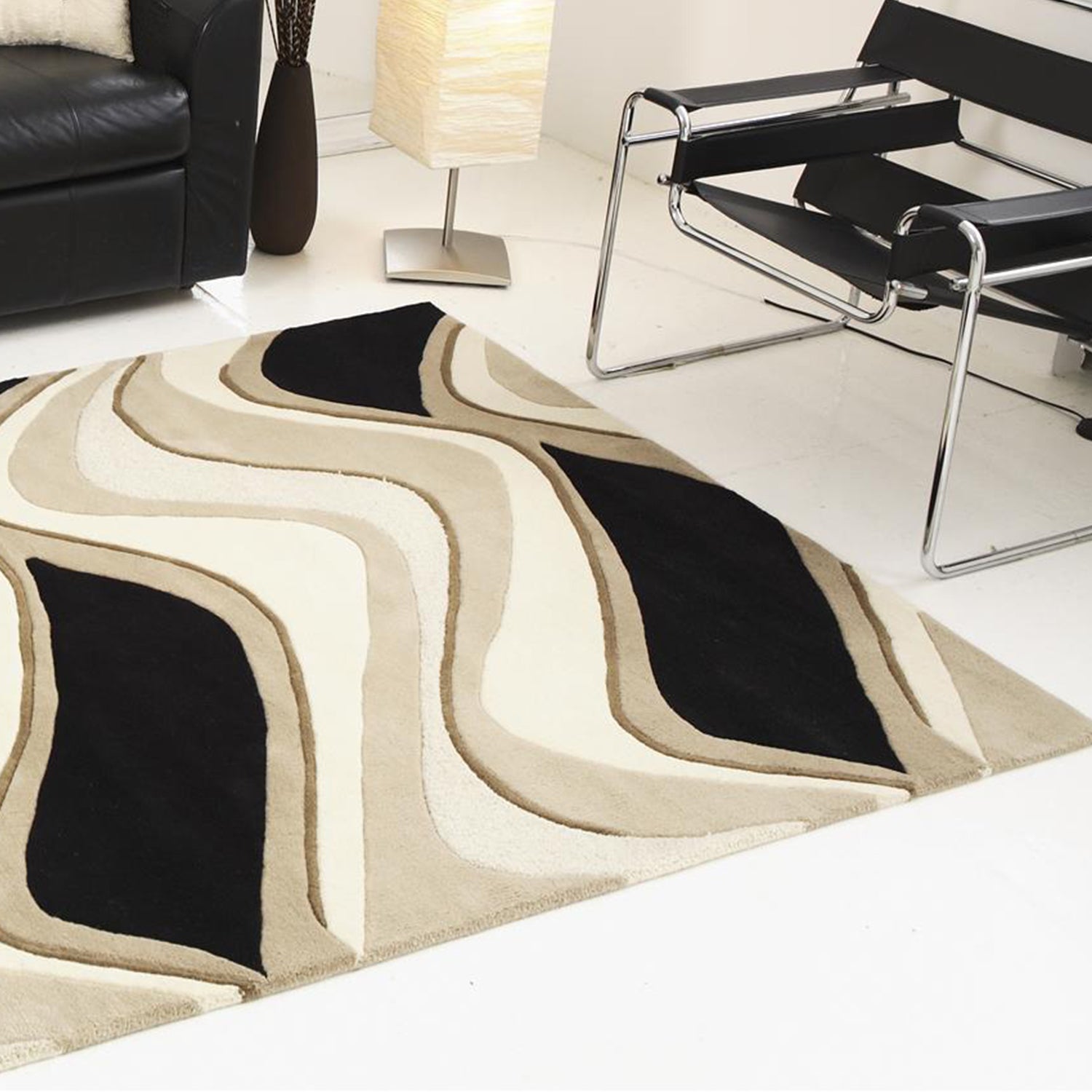 5' X 8' Beige Ivory And Black Wool Abstract Hand Tufted Area Rug-Area Rugs-DECOROLALA