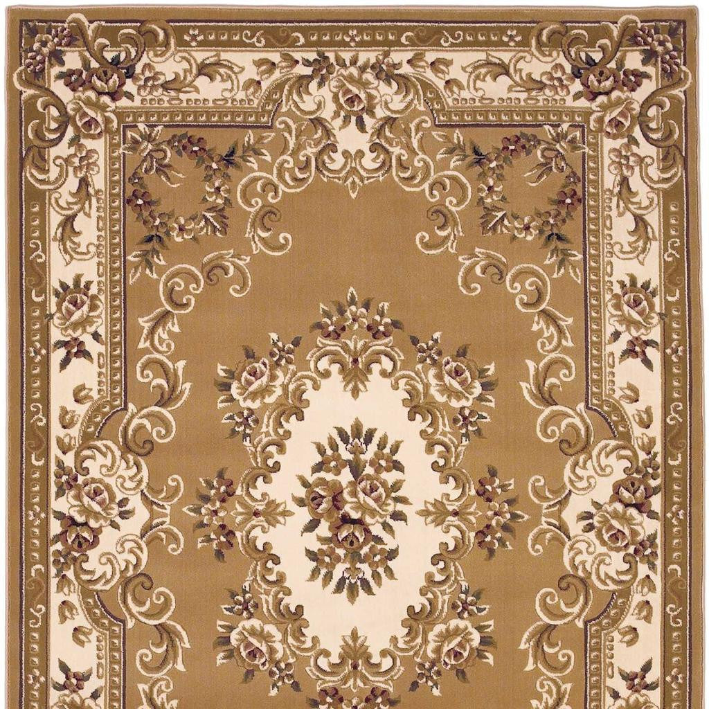 5' X 8' Beige Ivory And Brown Floral Medallion Area Rug-Area Rugs-DECOROLALA
