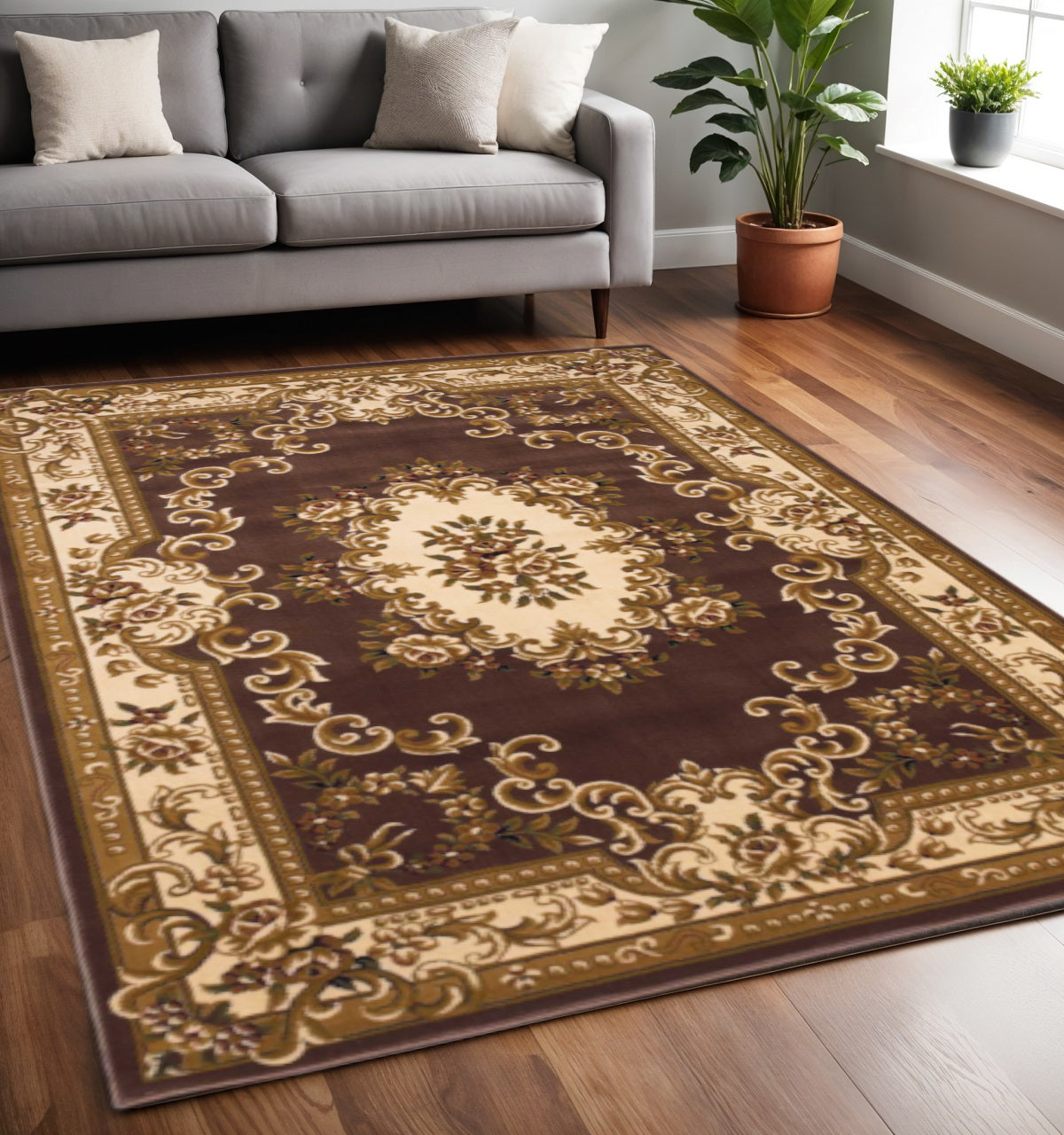 5' X 8' Beige Ivory And Brown Floral Medallion Area Rug-Area Rugs-DECOROLALA