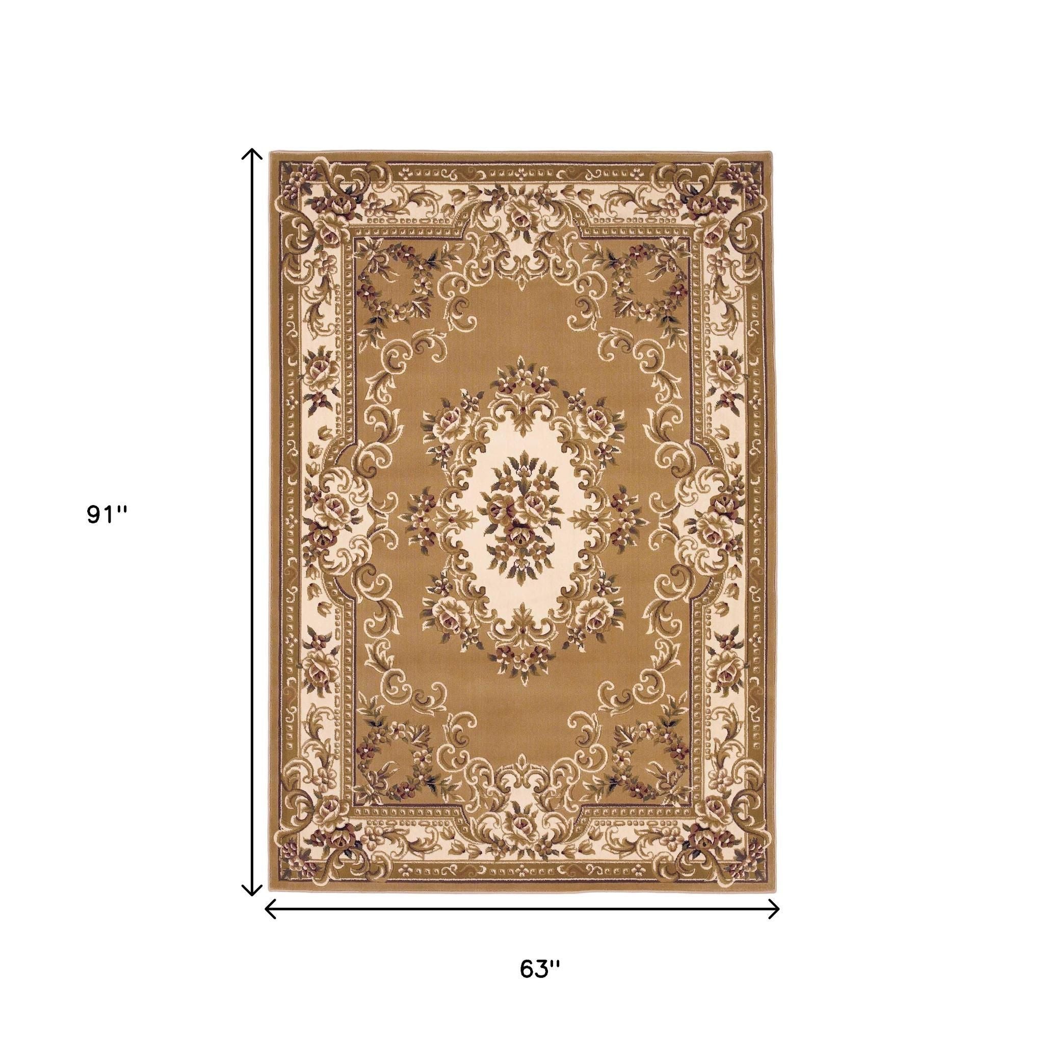 5' X 8' Beige Ivory And Brown Floral Medallion Area Rug-Area Rugs-DECOROLALA