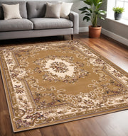 5' X 8' Beige Ivory And Brown Floral Medallion Area Rug-Area Rugs-DECOROLALA