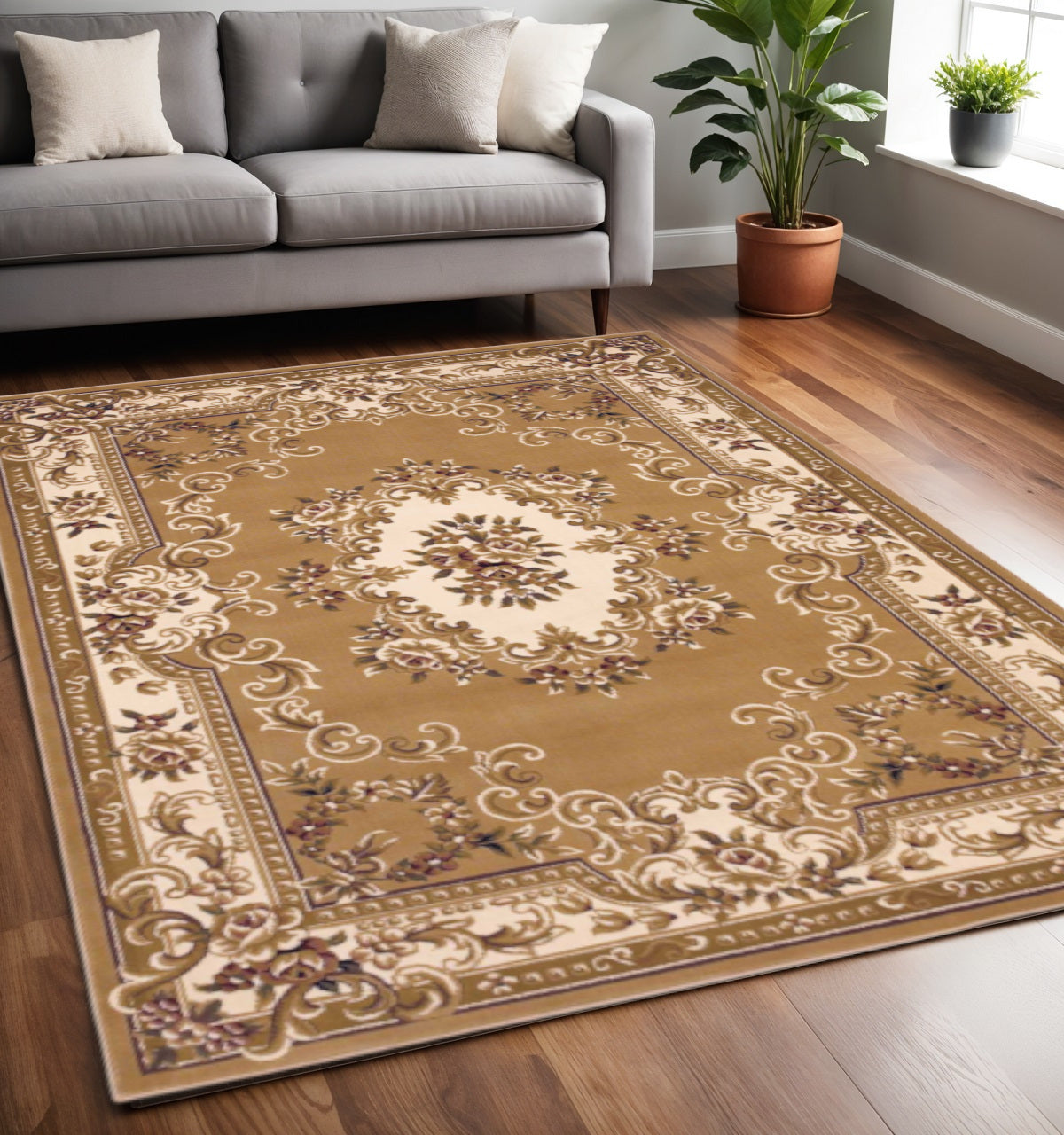 5' X 8' Beige Ivory And Brown Floral Medallion Area Rug-Area Rugs-DECOROLALA