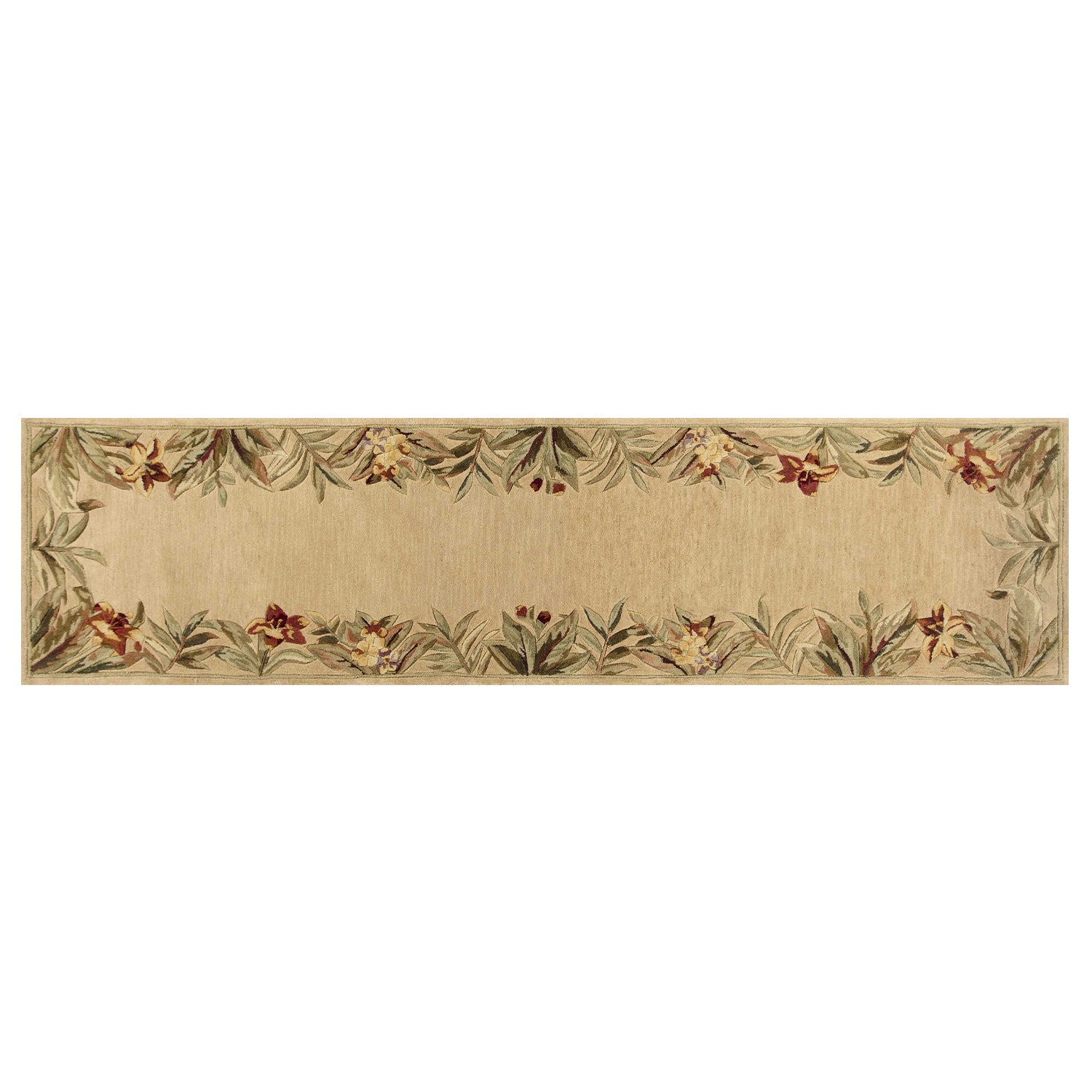 5' X 8' Beige Red And Green Wool Tropical Floral Hand Tufted Area Rug-Area Rugs-DECOROLALA