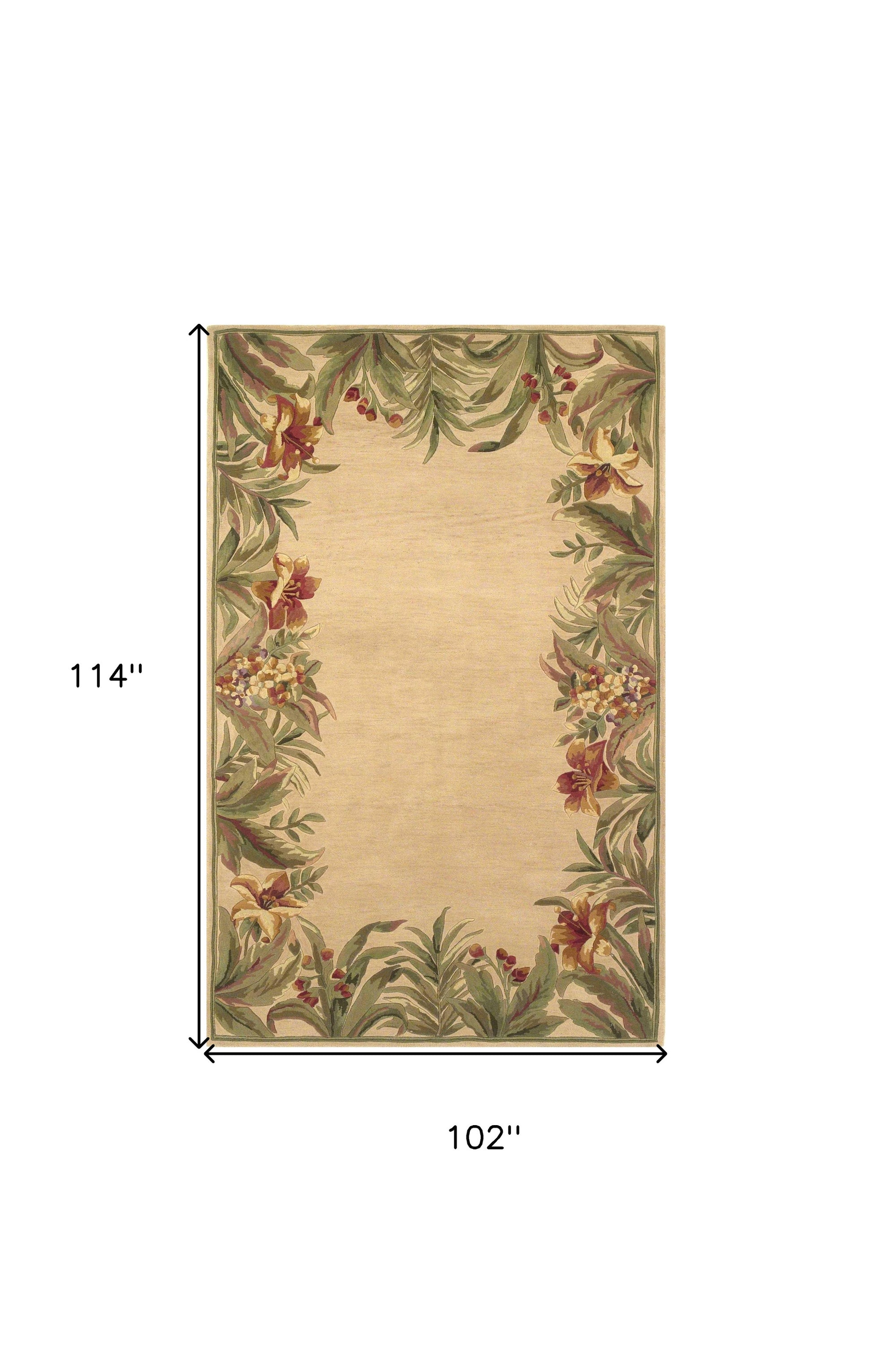 5' X 8' Beige Red And Green Wool Tropical Floral Hand Tufted Area Rug-Area Rugs-DECOROLALA