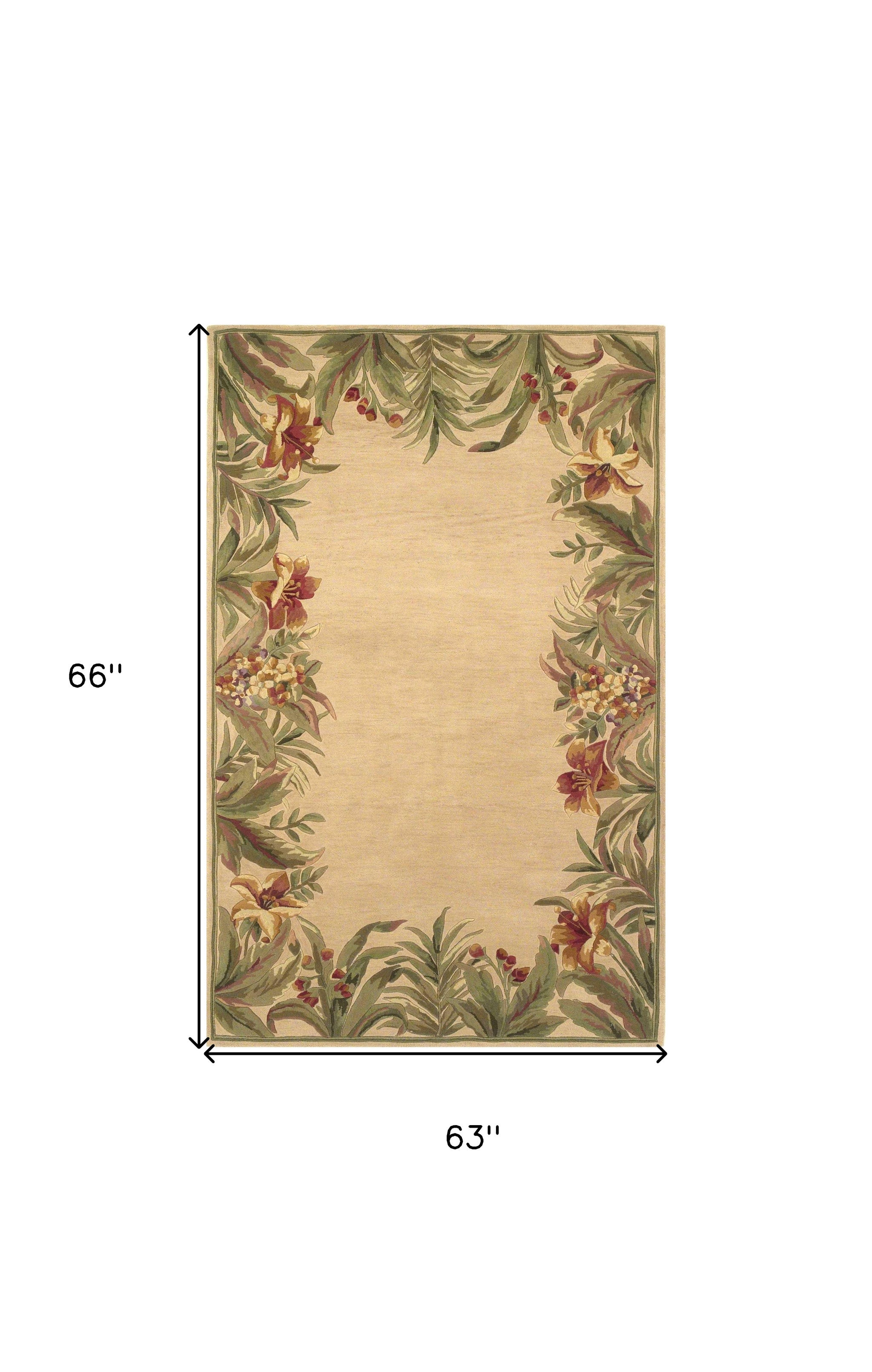 5' X 8' Beige Red And Green Wool Tropical Floral Hand Tufted Area Rug-Area Rugs-DECOROLALA