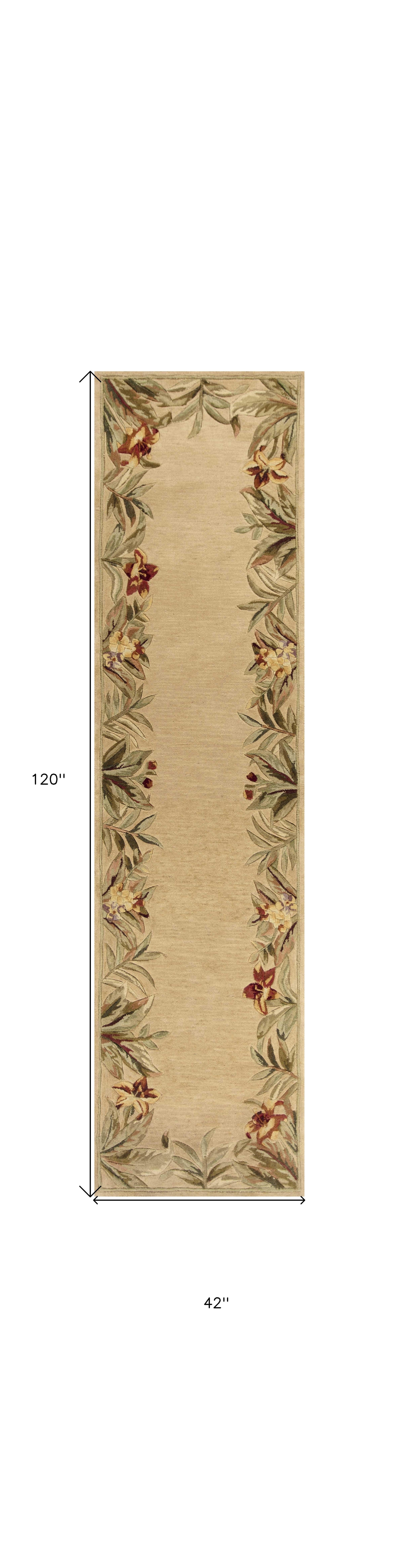 5' X 8' Beige Red And Green Wool Tropical Floral Hand Tufted Area Rug-Area Rugs-DECOROLALA