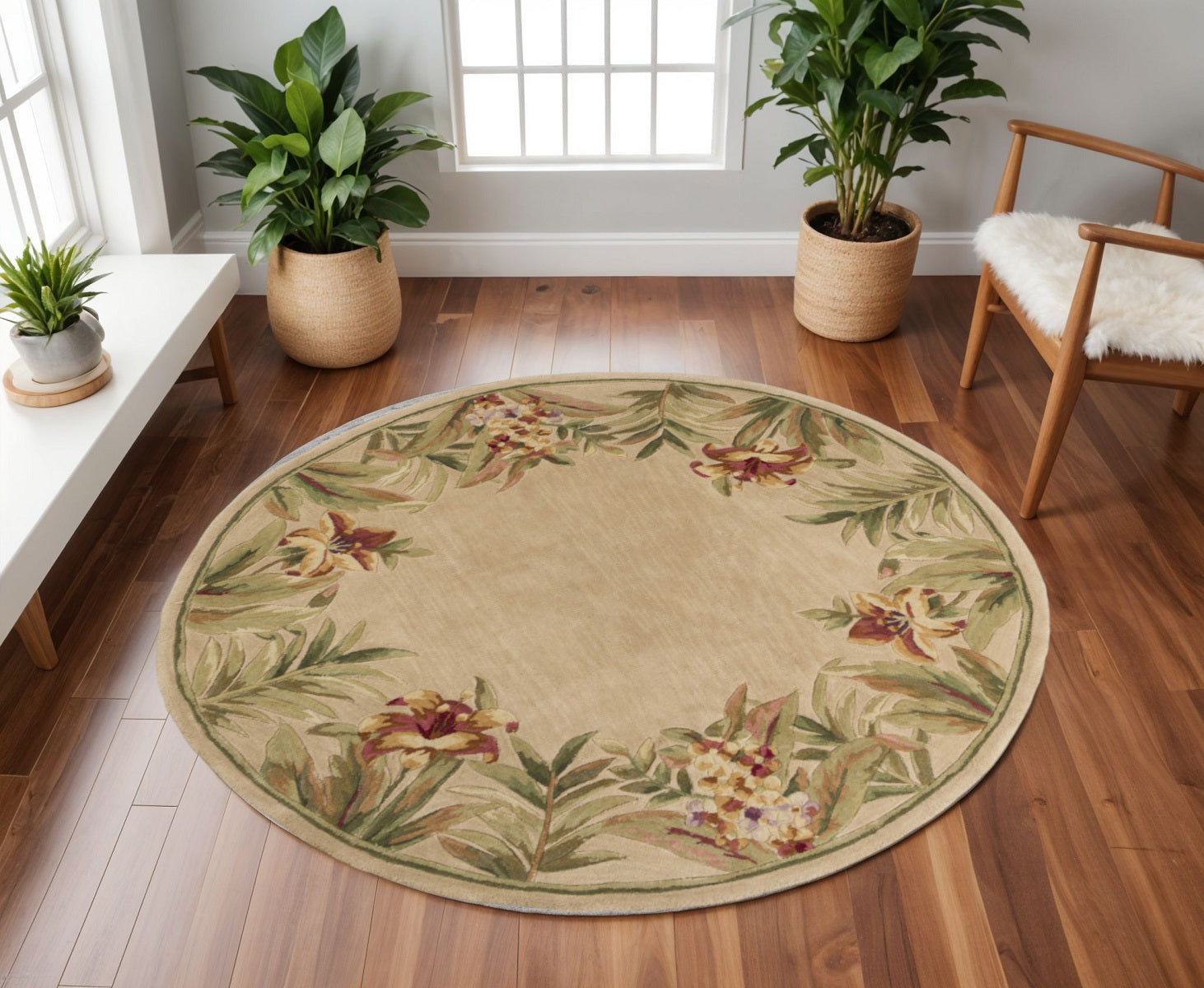 5' X 8' Beige Red And Green Wool Tropical Floral Hand Tufted Area Rug-Area Rugs-DECOROLALA